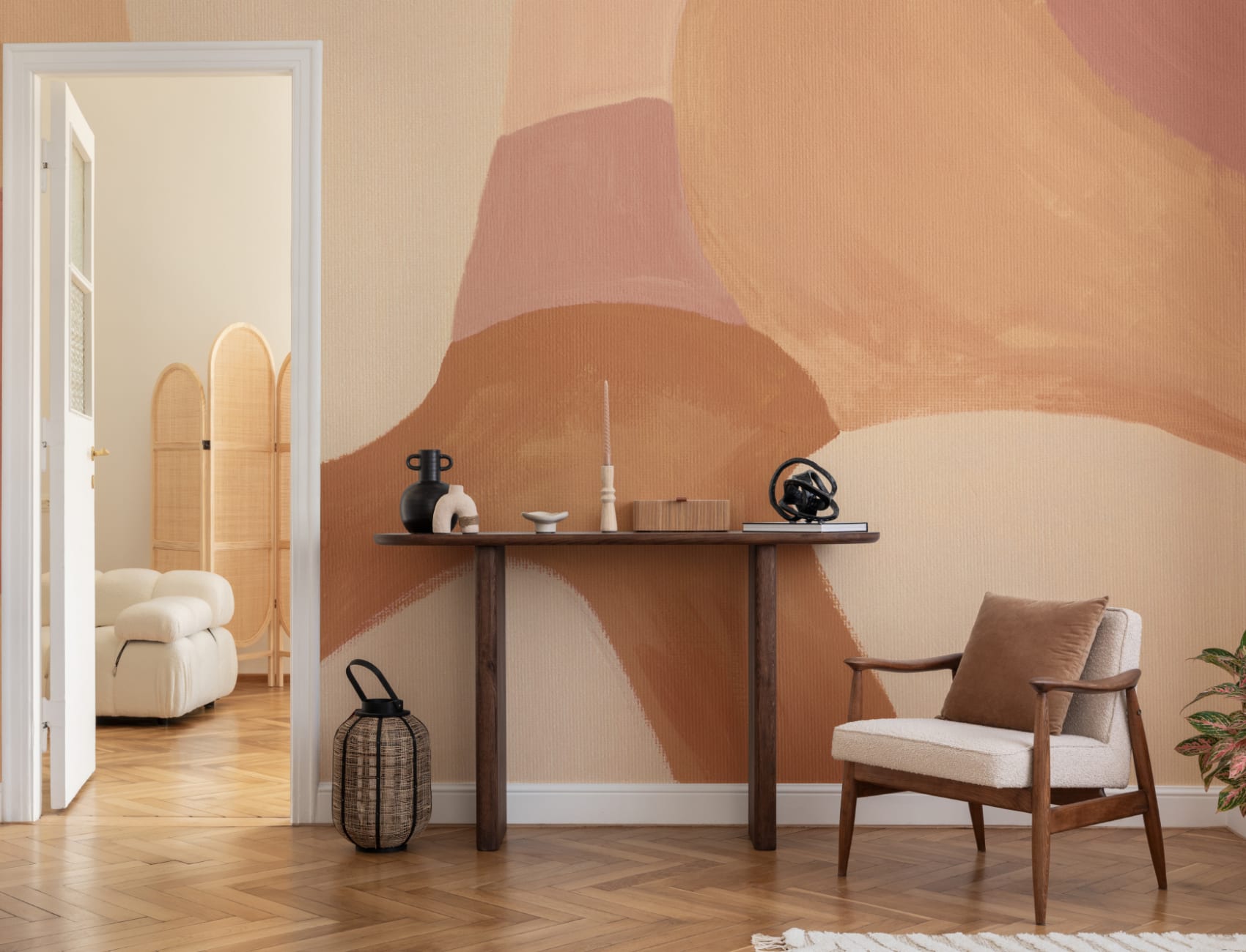 Painted Abstract Shapes Mural in Warm Neutrals
