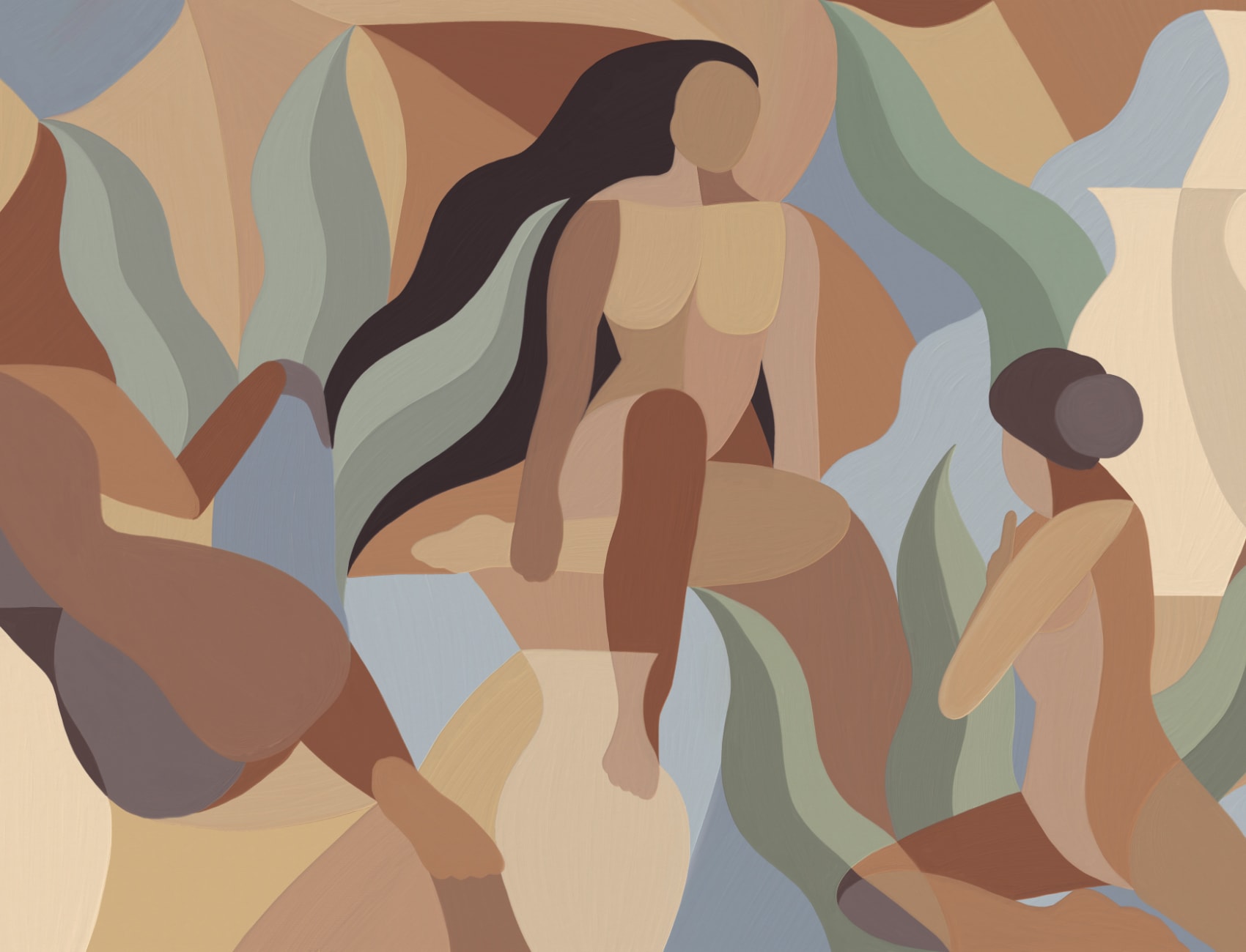 Mural de papel pintado a mano con formas femeninas en cálidos tonos tierra