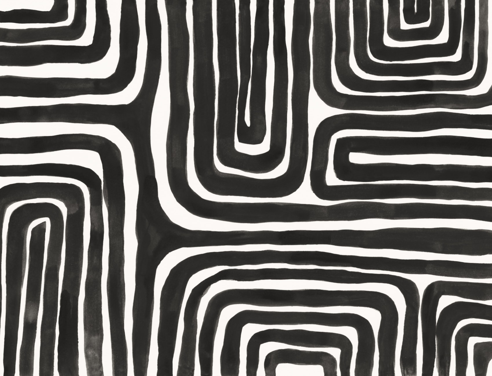 Handgeschilderde muurschildering in monochroom doolhof