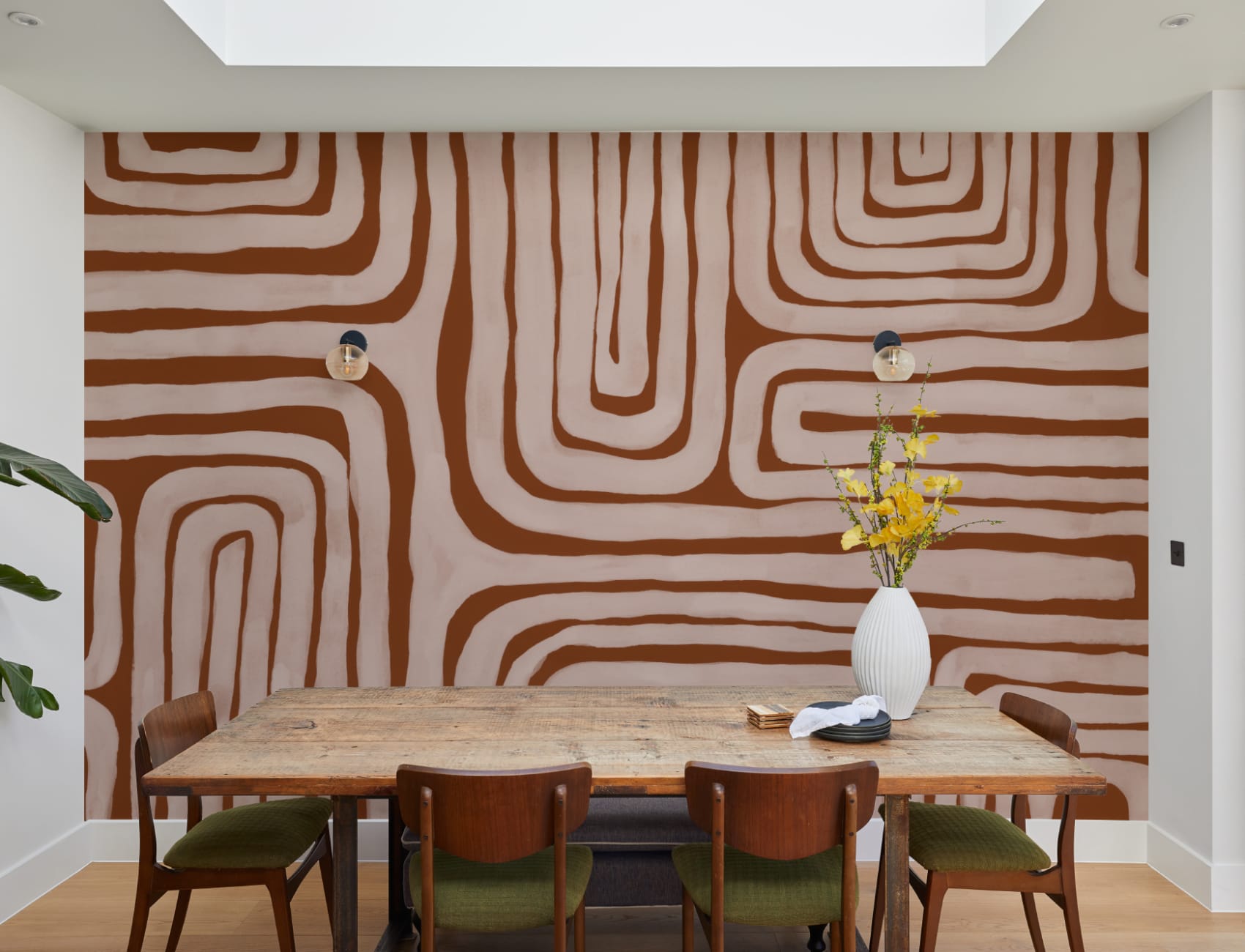 Hand Painted Maze Geometric Mural in Terracotta