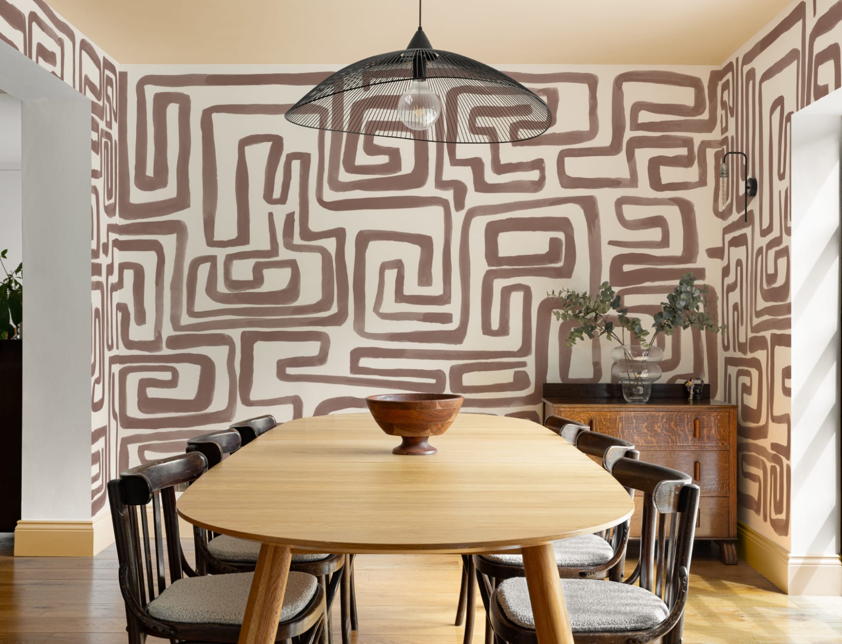 Hand-Painted Maze Pattern Mural in Brown