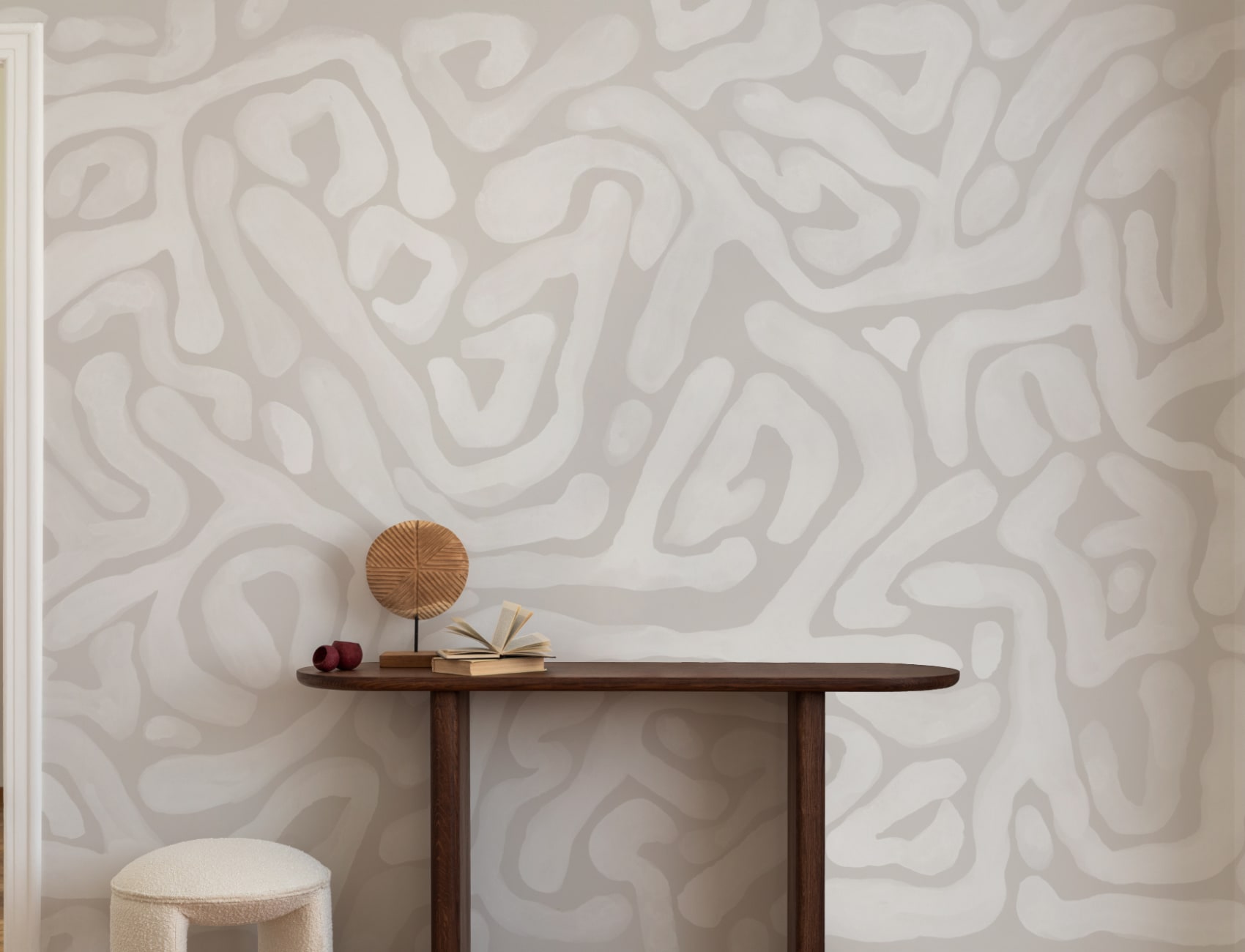 Hand-Painted Organic Flow Pattern Mural in Beige