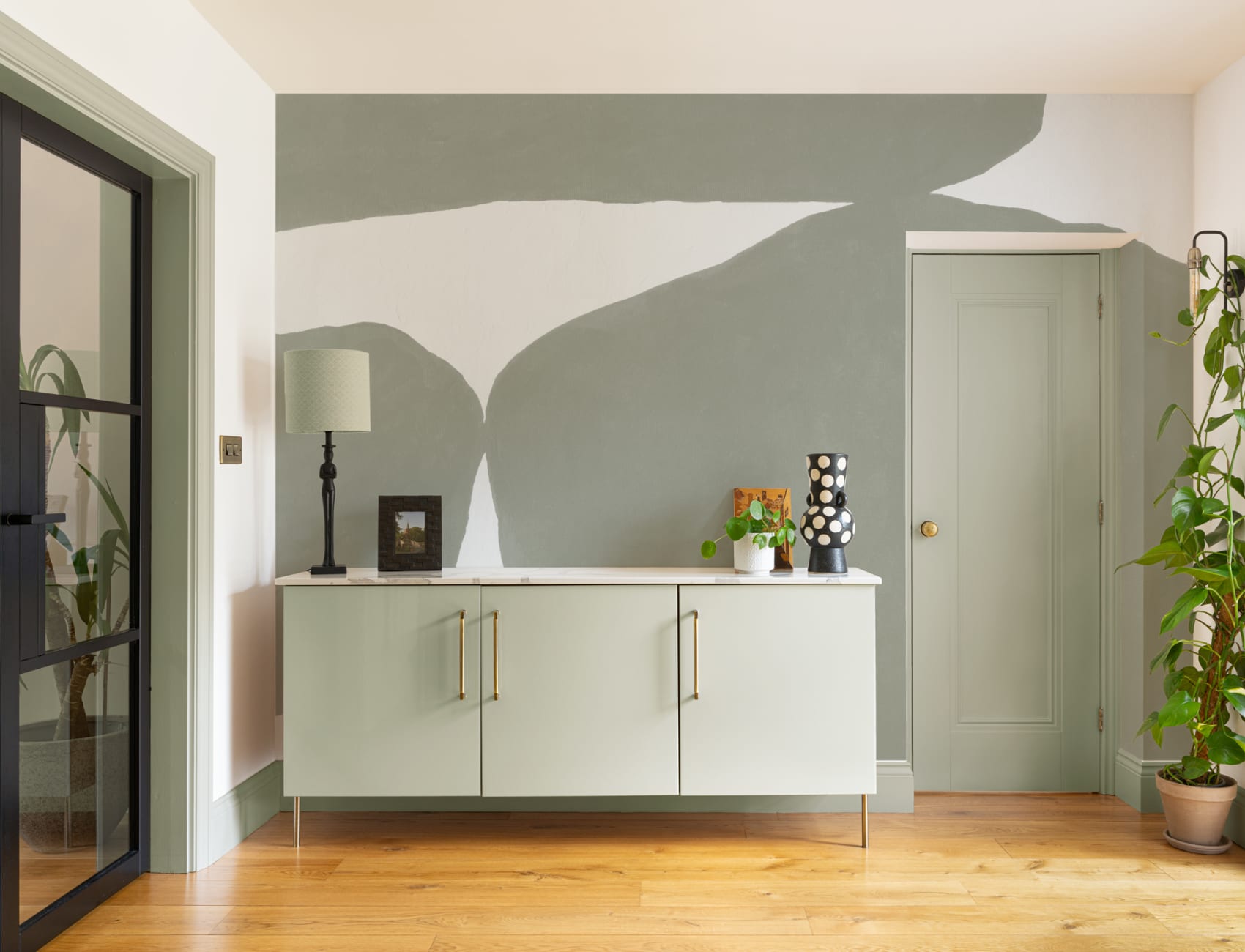 Minimal Abstract Shapes Wall Mural in Sage Green with Textured Plaster Effect