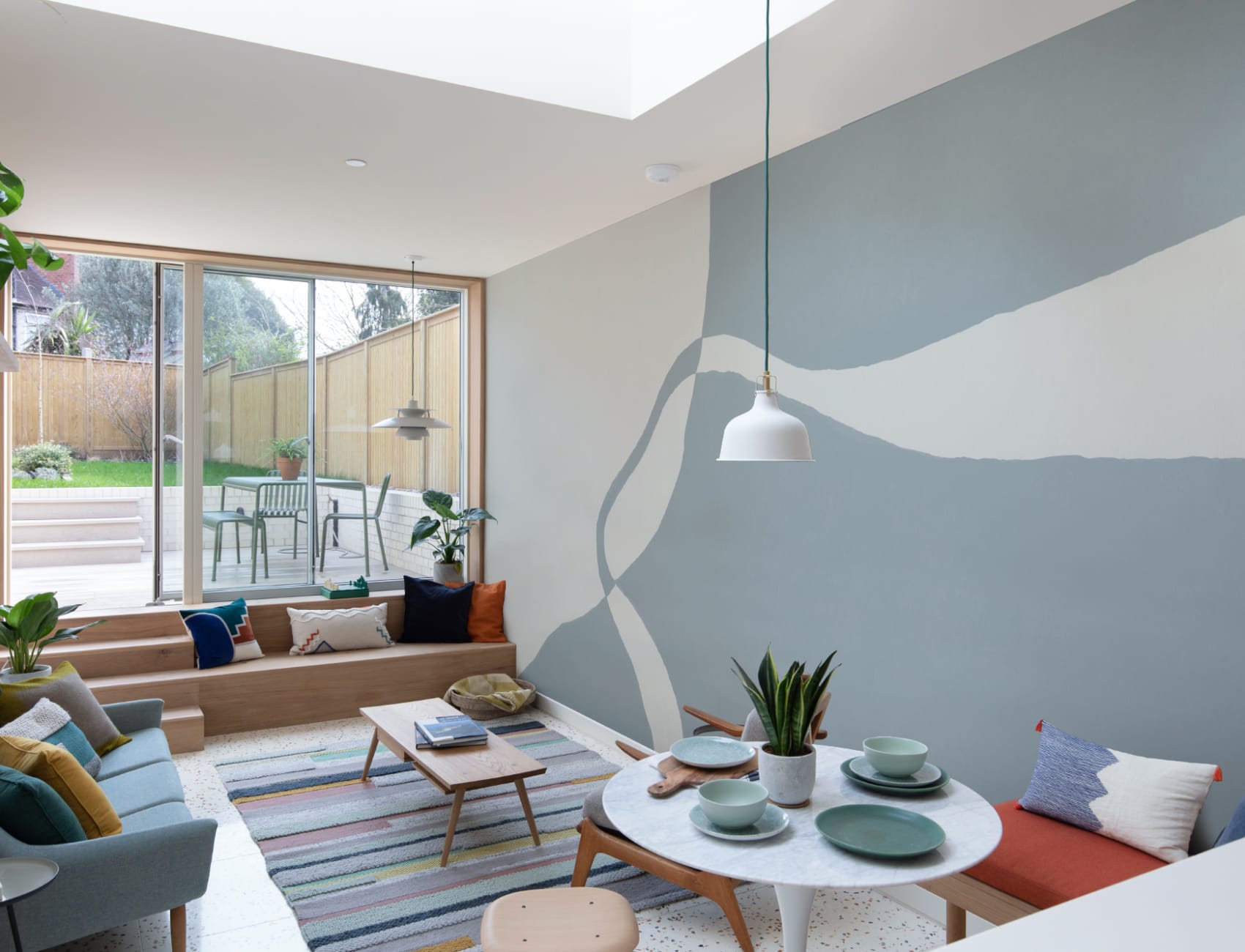 Hand-Painted Curved Form Mural in Cool Blue with Plaster Texture