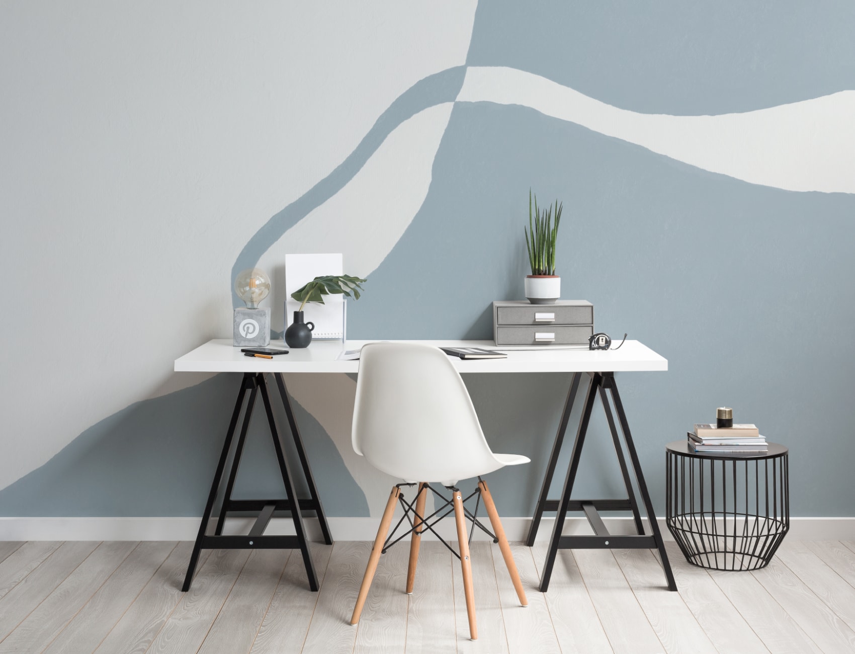 Hand-Painted Curved Form Mural in Cool Blue with Plaster Texture