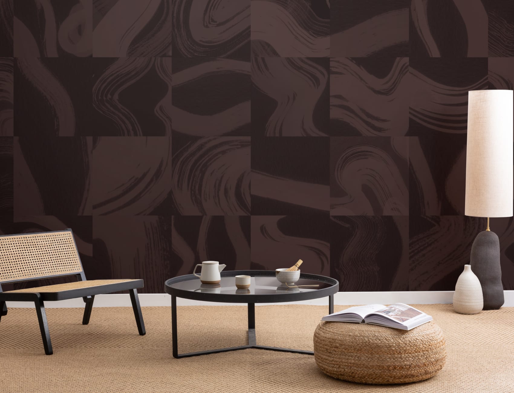 Purple Tiled Abstract Ink Shapes Mural