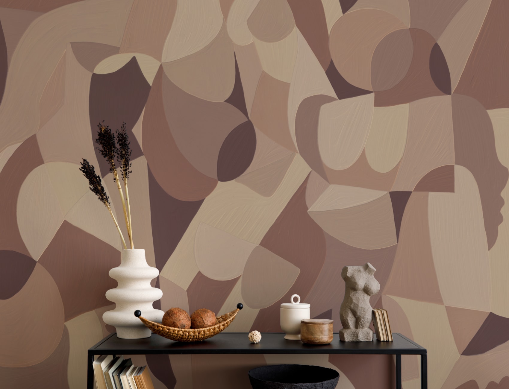 Cubist Human Form Abstract Mural In Earthy Browns