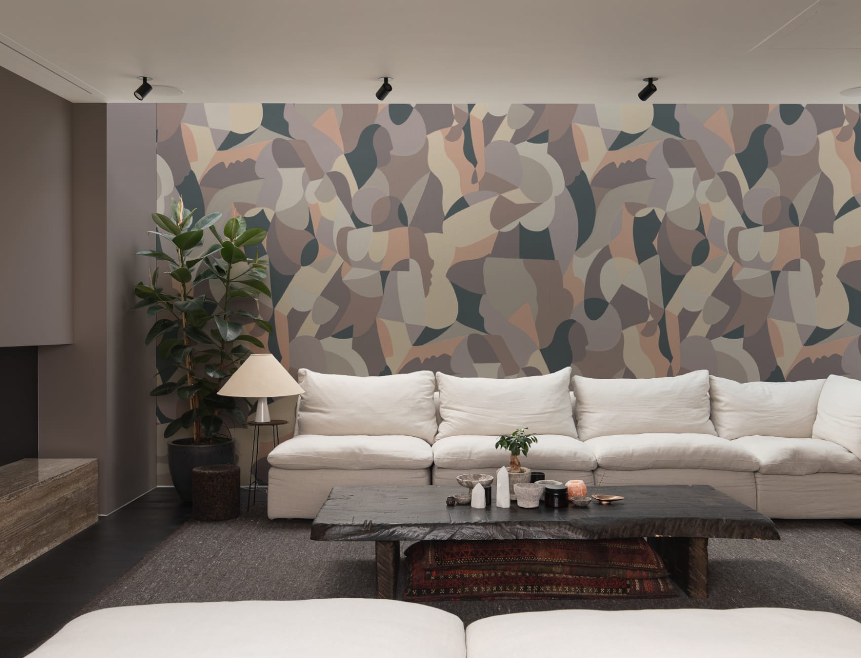 Cubist Human Form Abstract Mural in Taupe and Grey