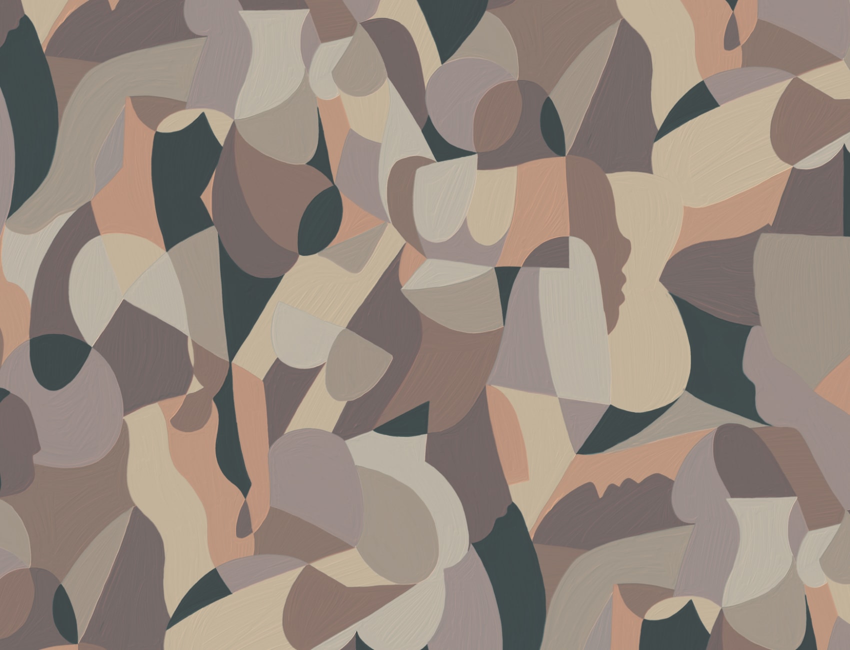 Cubist Human Form Abstract Mural in Taupe and Grey