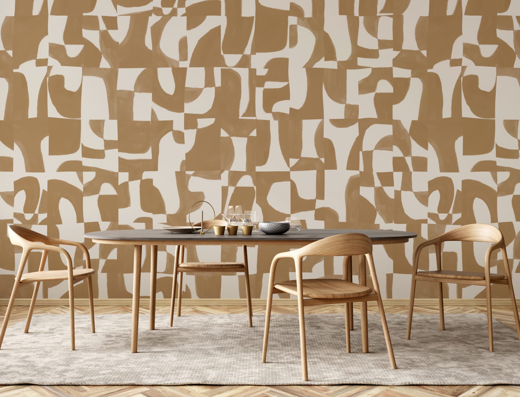 Modern Mustard Abstract Wall Mural with Hand-Cut Shapes and Textured Effect