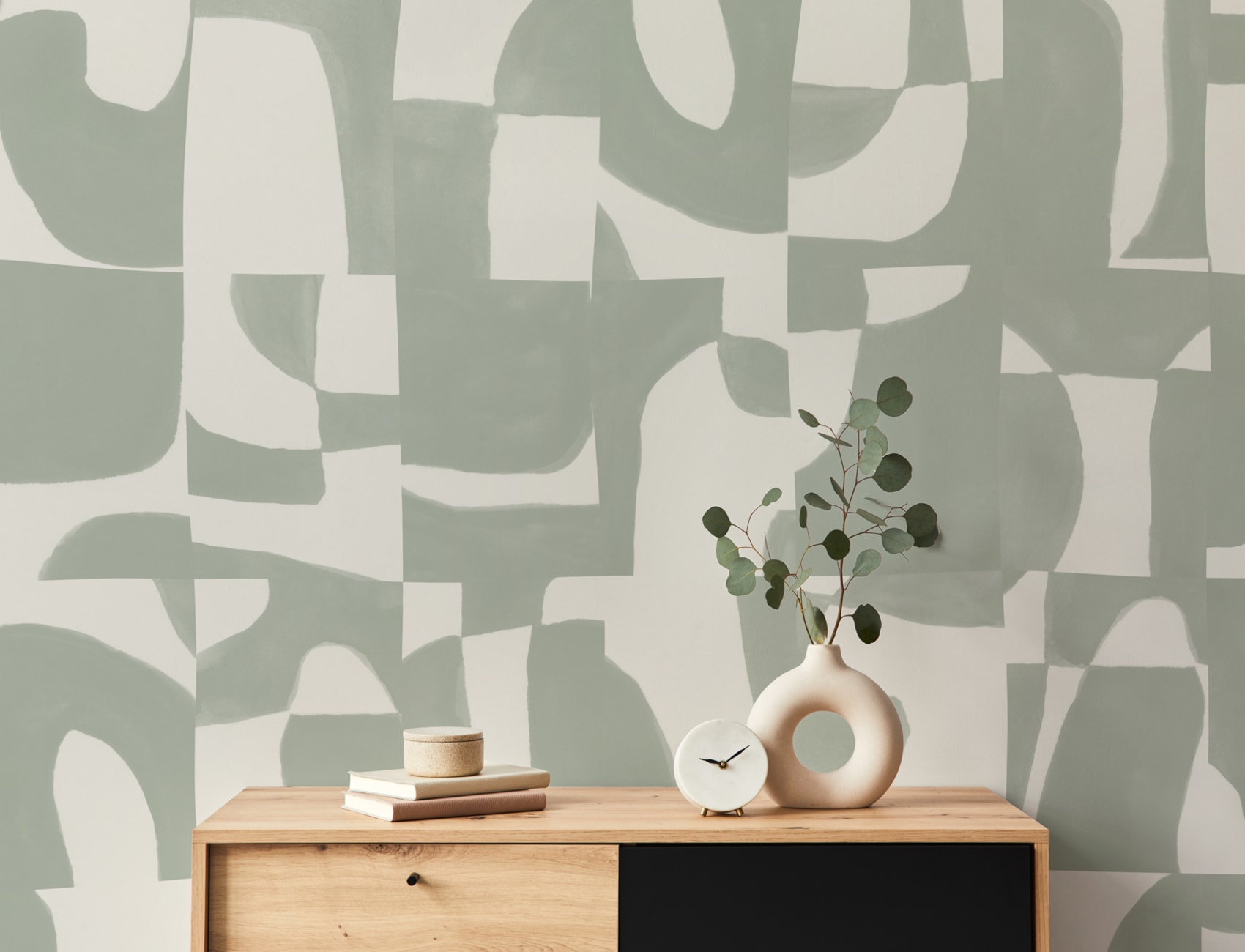 Modern Sage Abstract Wall Mural with Hand-Cut Shapes and Textured Effect