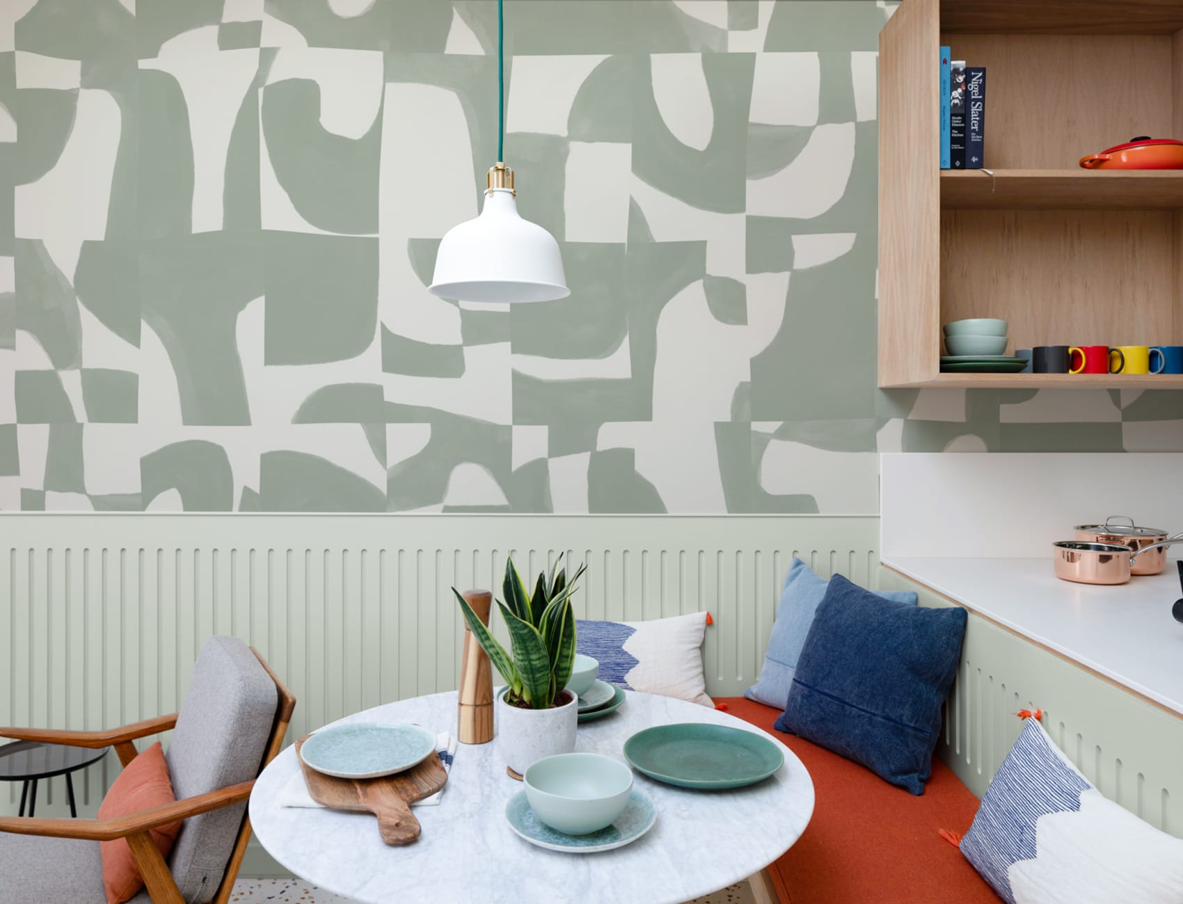 Modern Sage Abstract Wall Mural with Hand-Cut Shapes and Textured Effect