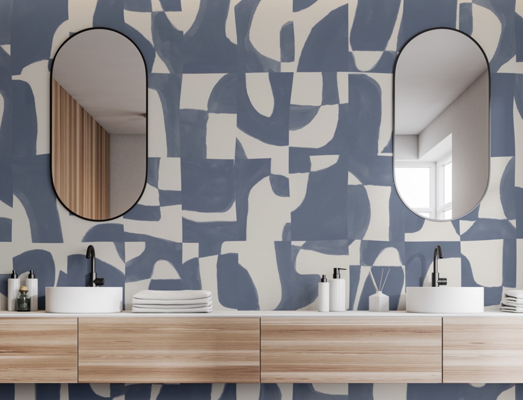 Papier peint panoramique en bleu froid, à motifs géométriques abstraits