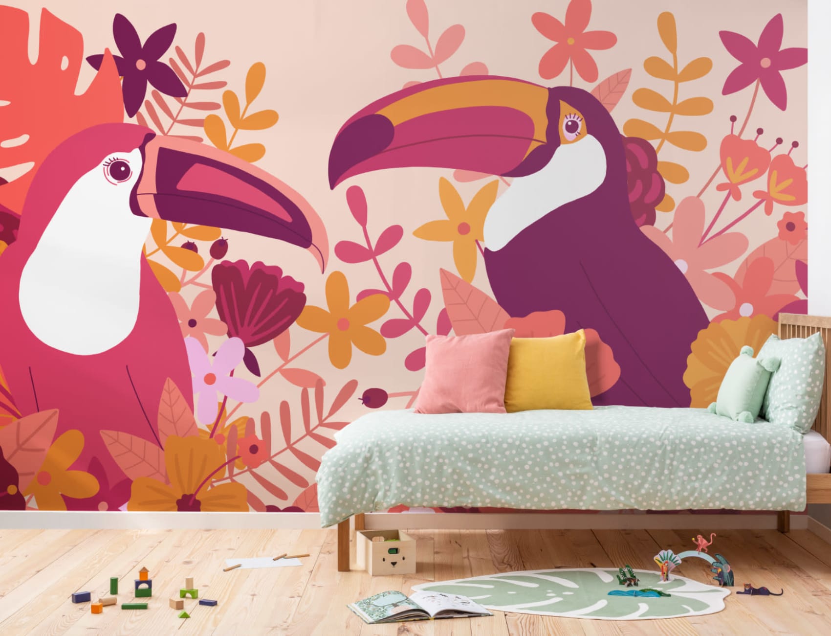 Fototapete Illustrierter Tukan Vogel Rosa