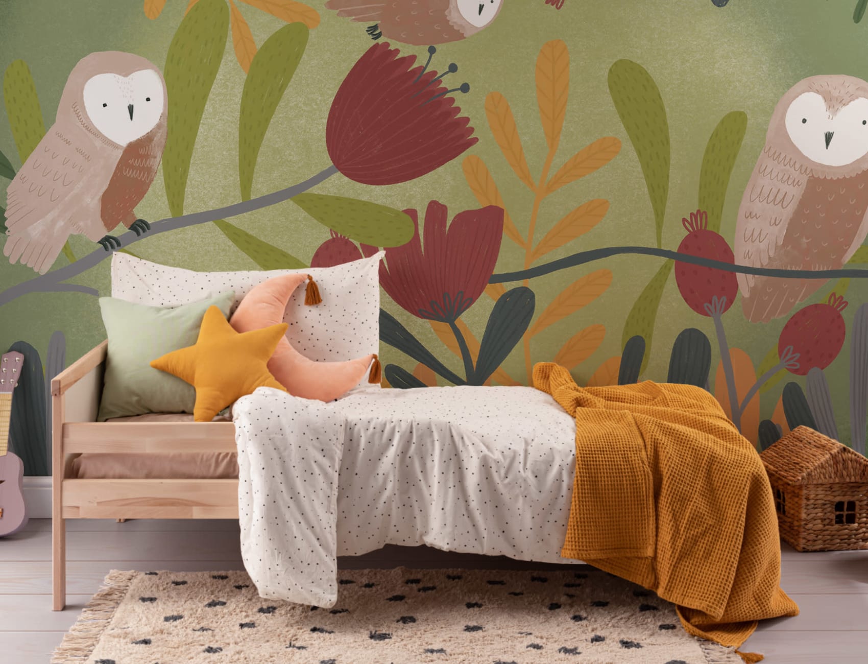 Colorful Pencil Sketch Owl & Flowers Wallpaper Mural