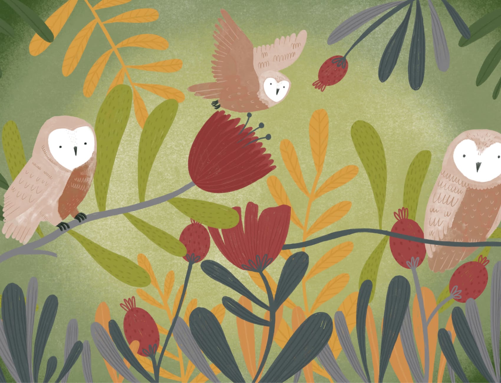 Colorful Pencil Sketch Owl & Flowers Wallpaper Mural