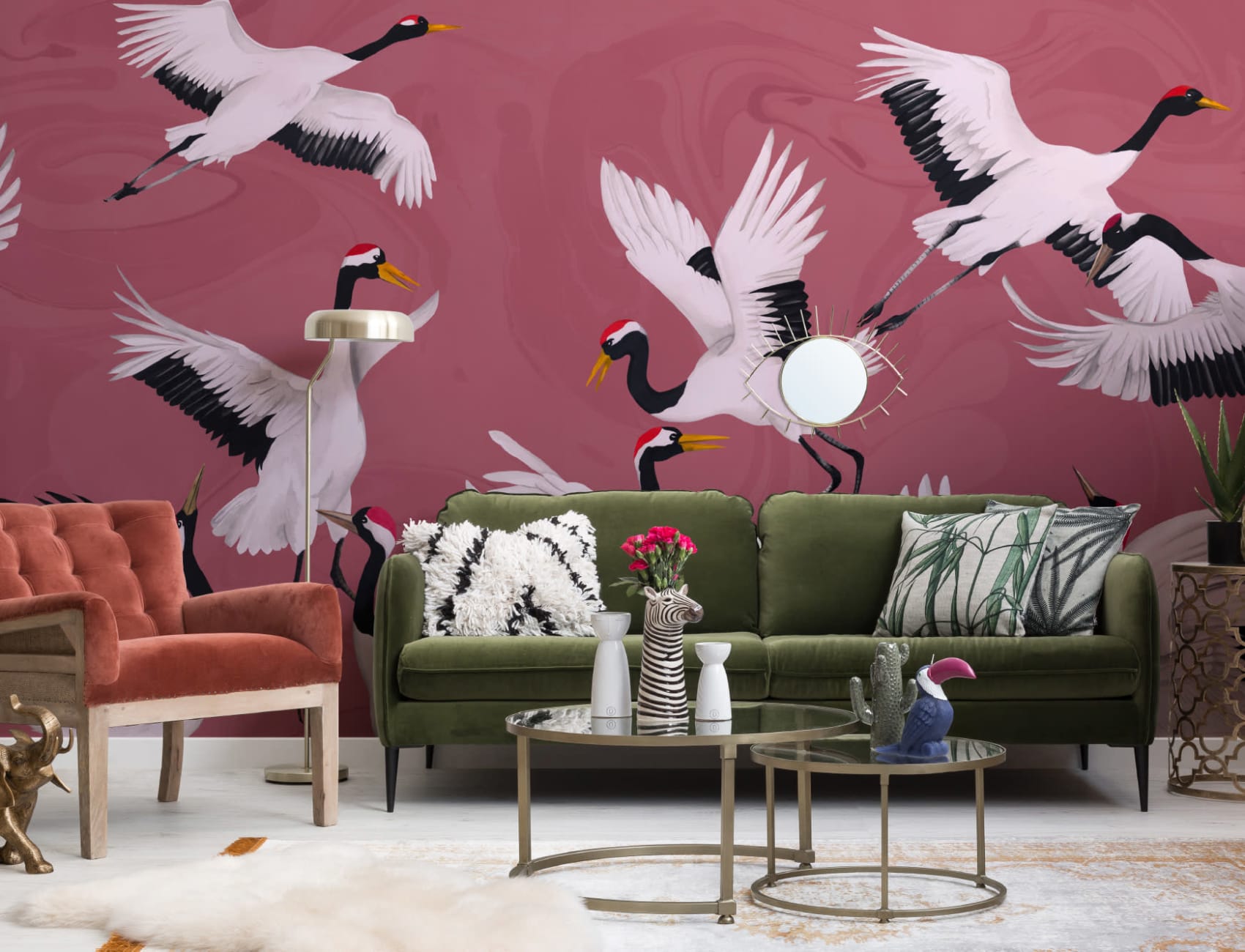 Flyvende japanske kraner Rosa malt fototapet