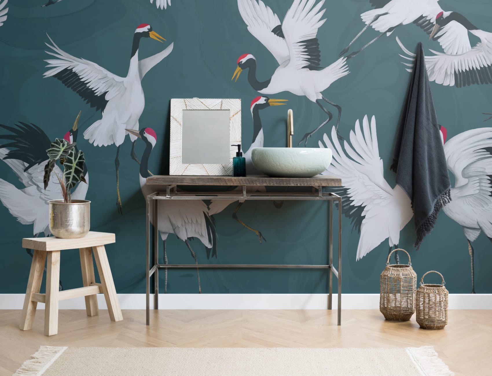 Flying Japanese Cranes Teal Painted Wallpaper Mural