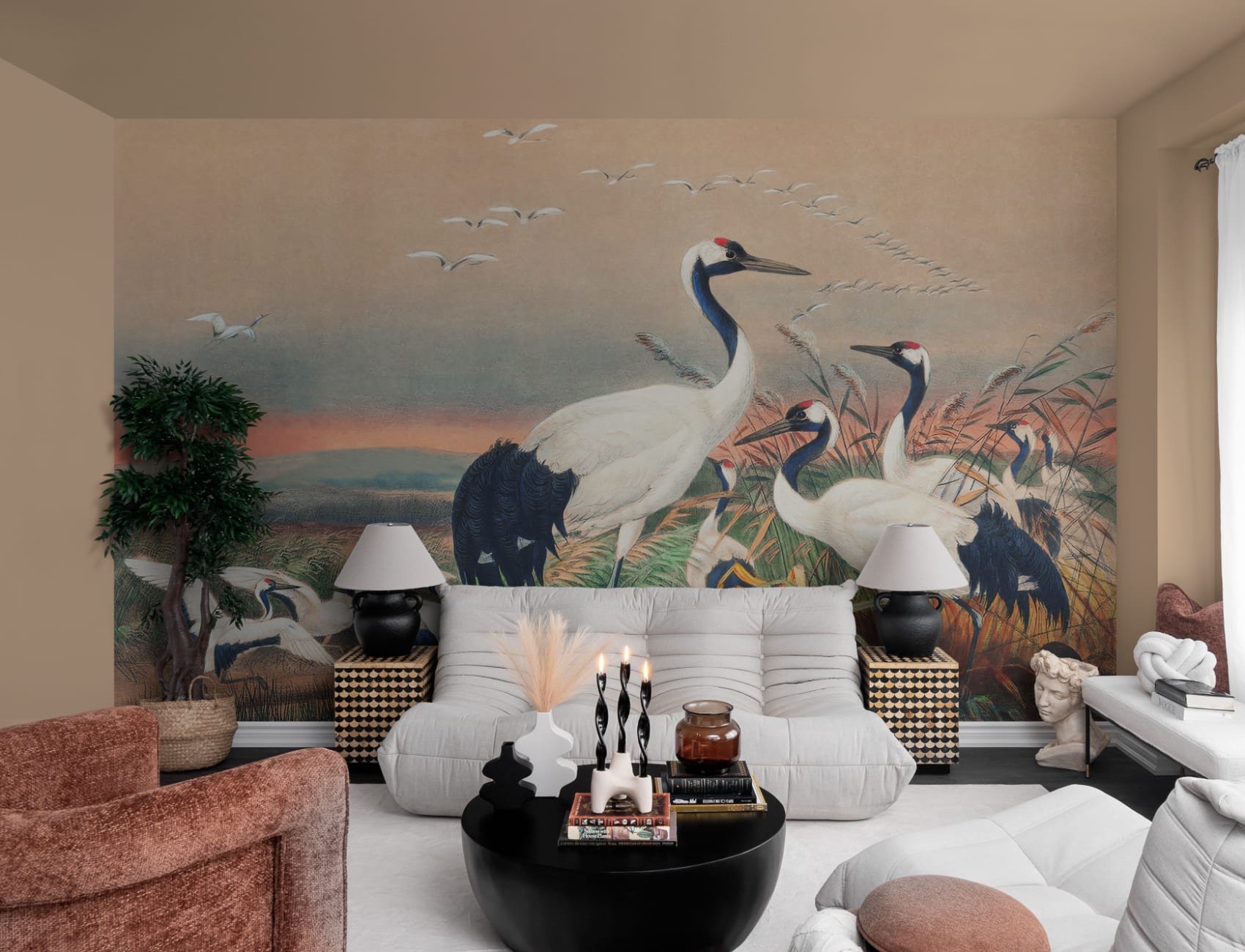 Mural de papel pintado a mano Cranes in Wetlands, de Joseph Wolf
