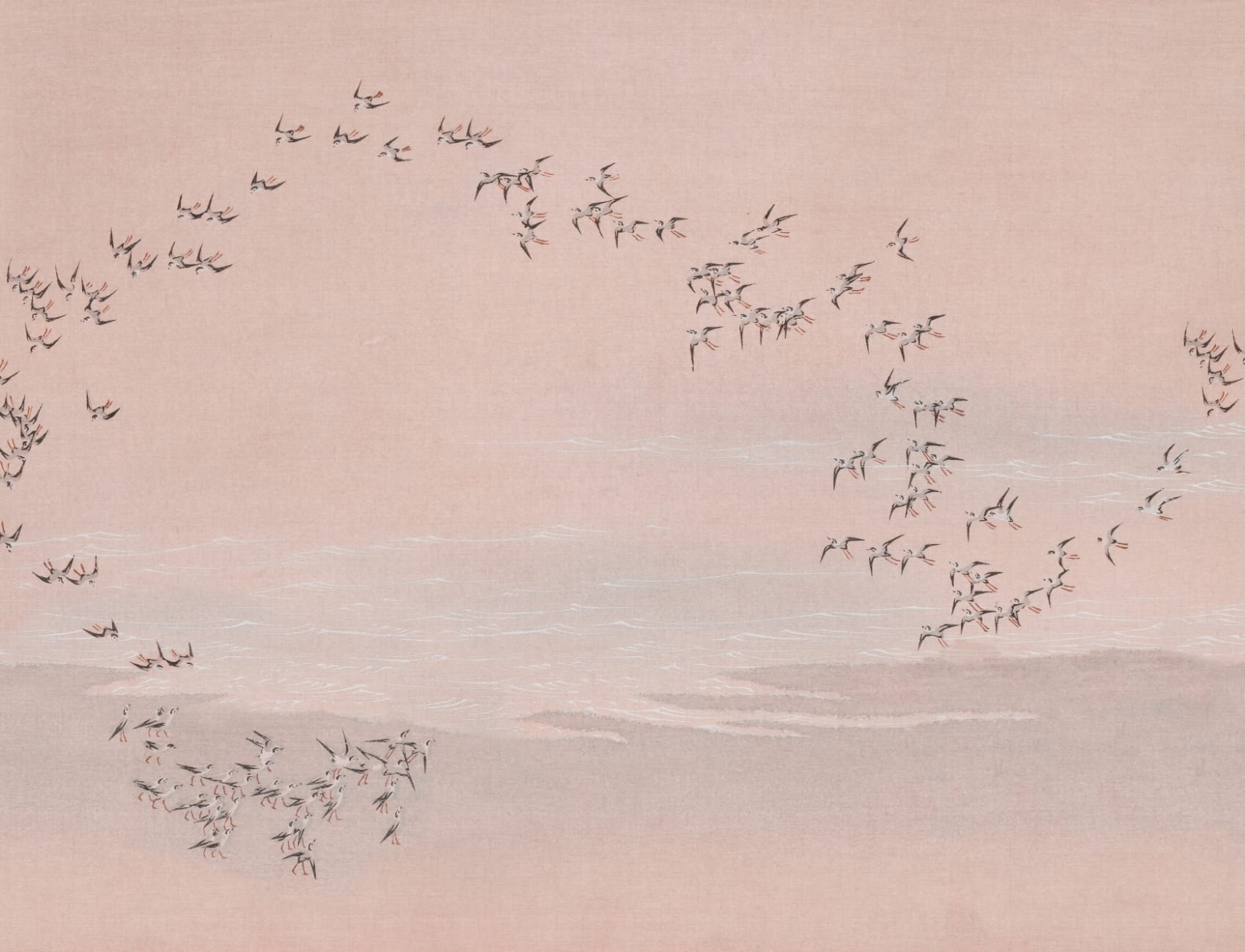 Roze vogelpop Landschap Pastel Muurschildering