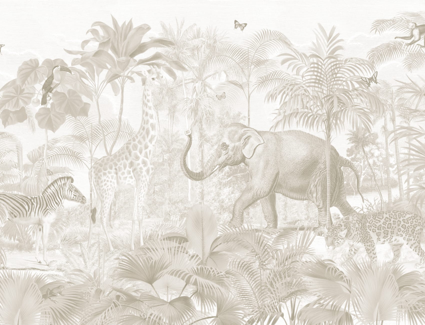Neutral Asian Jungle Animals Watercolor Mural