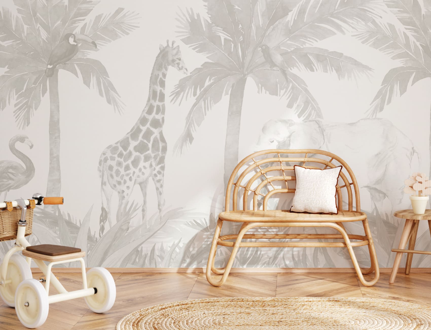 Neutrale muurschildering met aquarel jungle behang voor kinderkamer