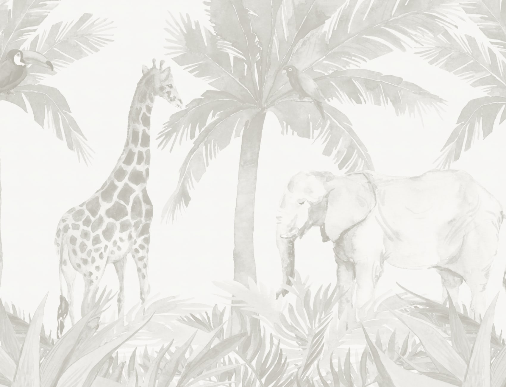 Neutrale muurschildering met aquarel jungle behang voor kinderkamer