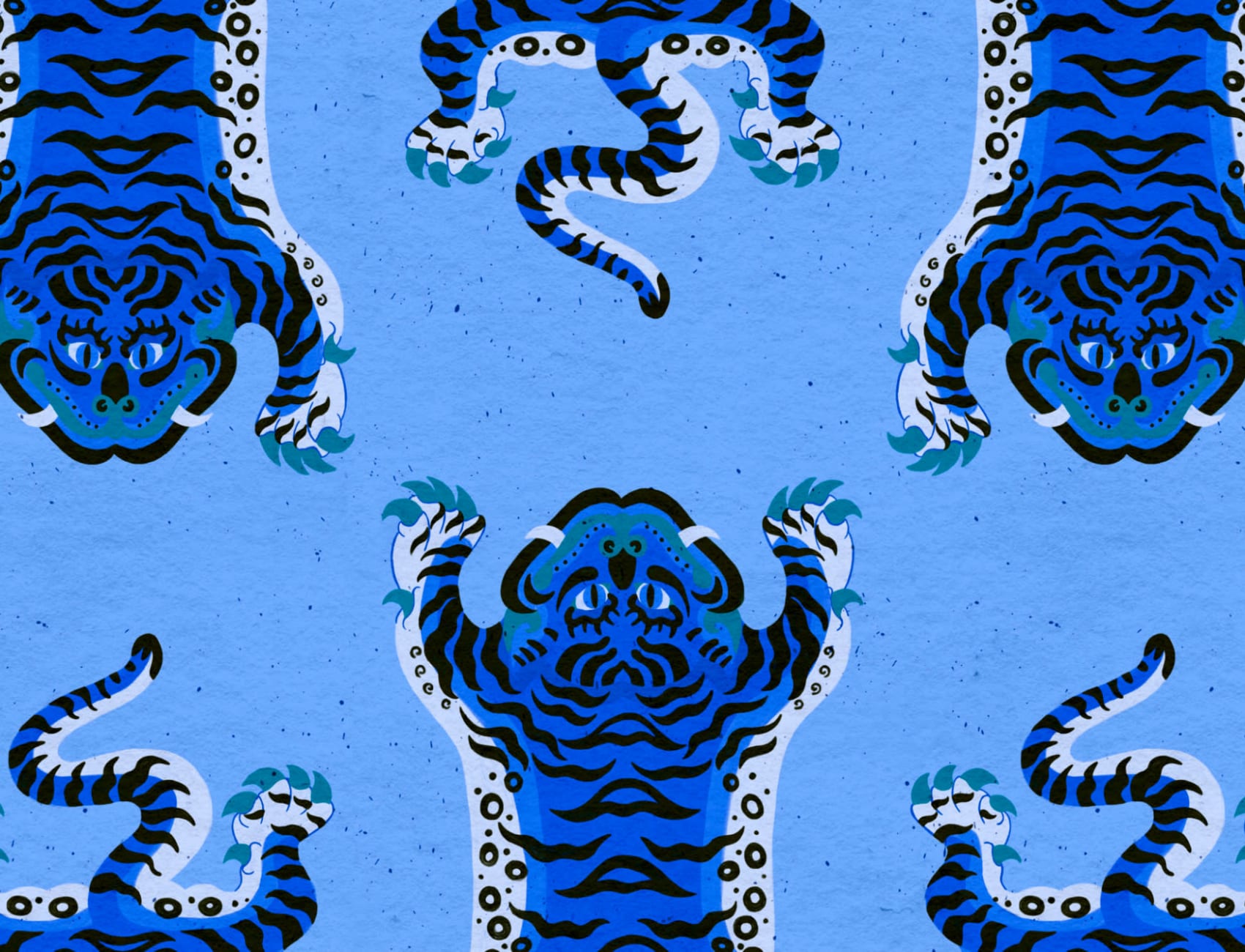 Blue Tibetan Tiger Repeat Pattern Wallpaper