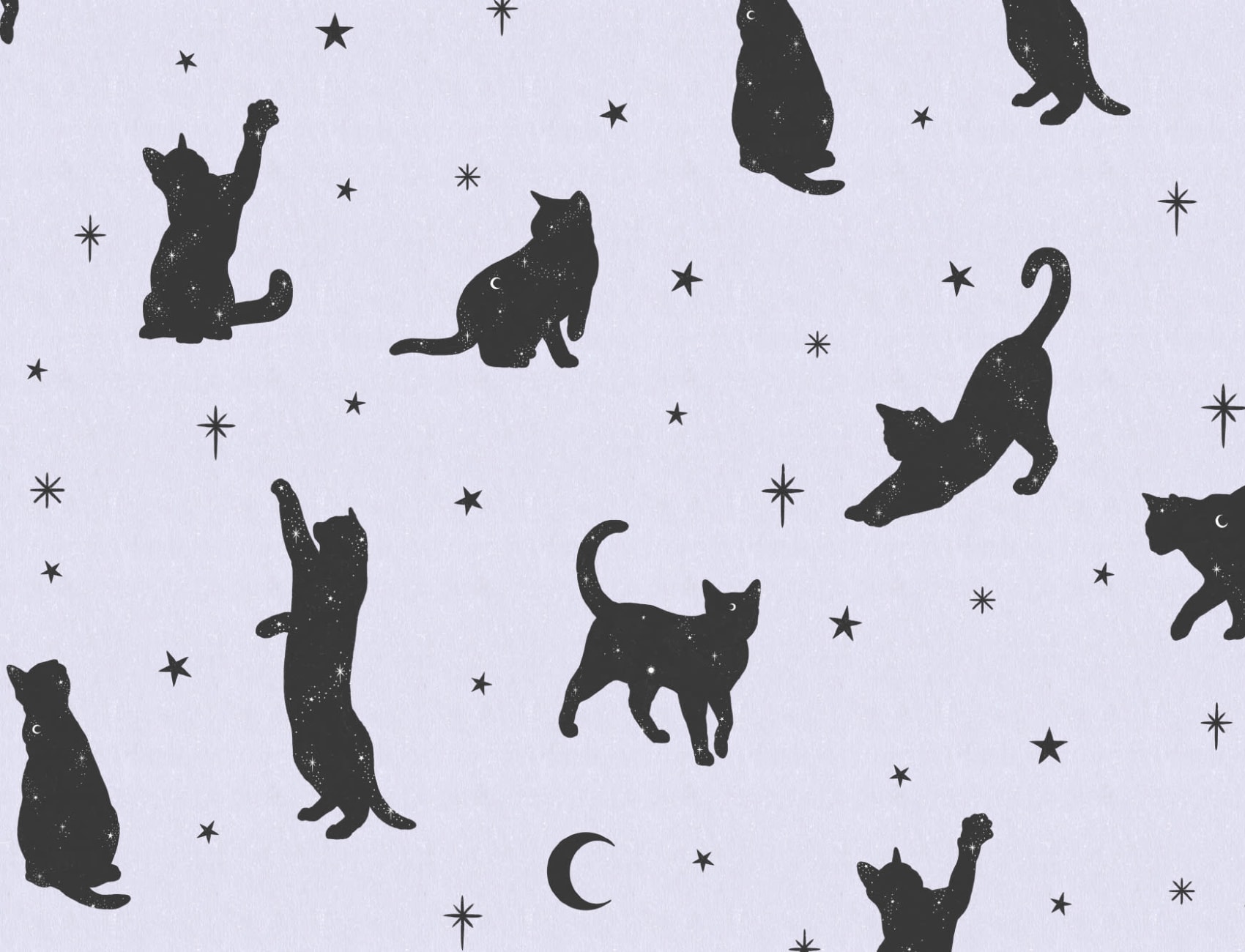 Mural Papel Pintado Lila con Motivo de Gatos y Estrellas