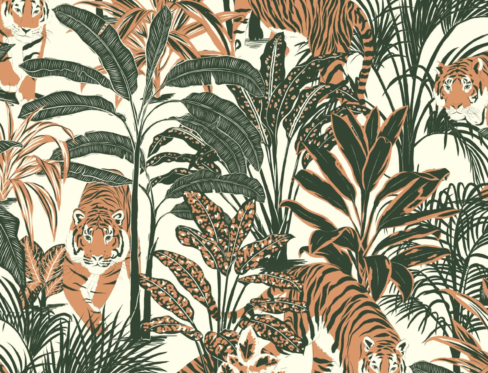 Tropical Tiger Jungle Plants Repeat Pattern Wallpaper