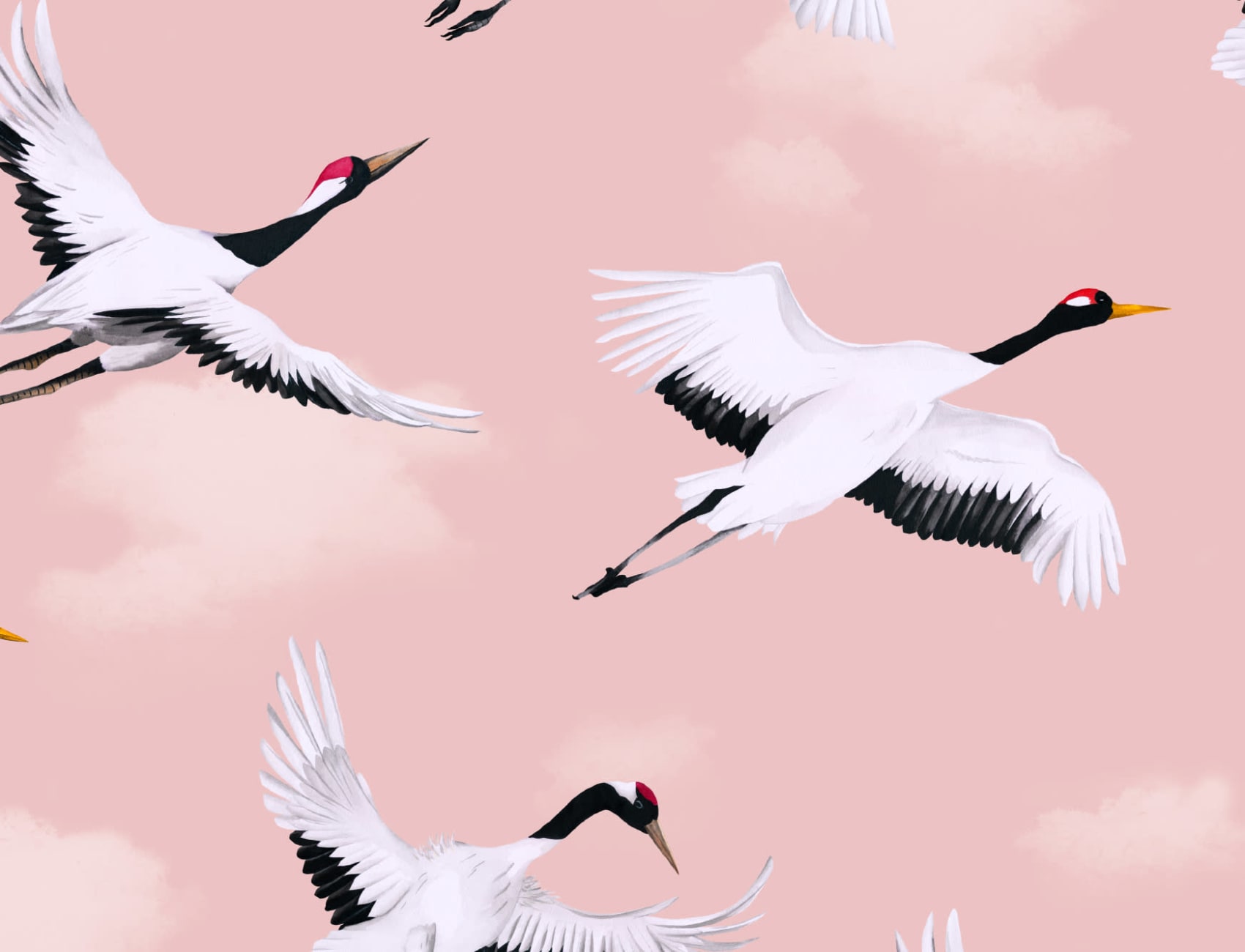 Flying Japanese Cranes Pink Repeat Pattern Wallpaper