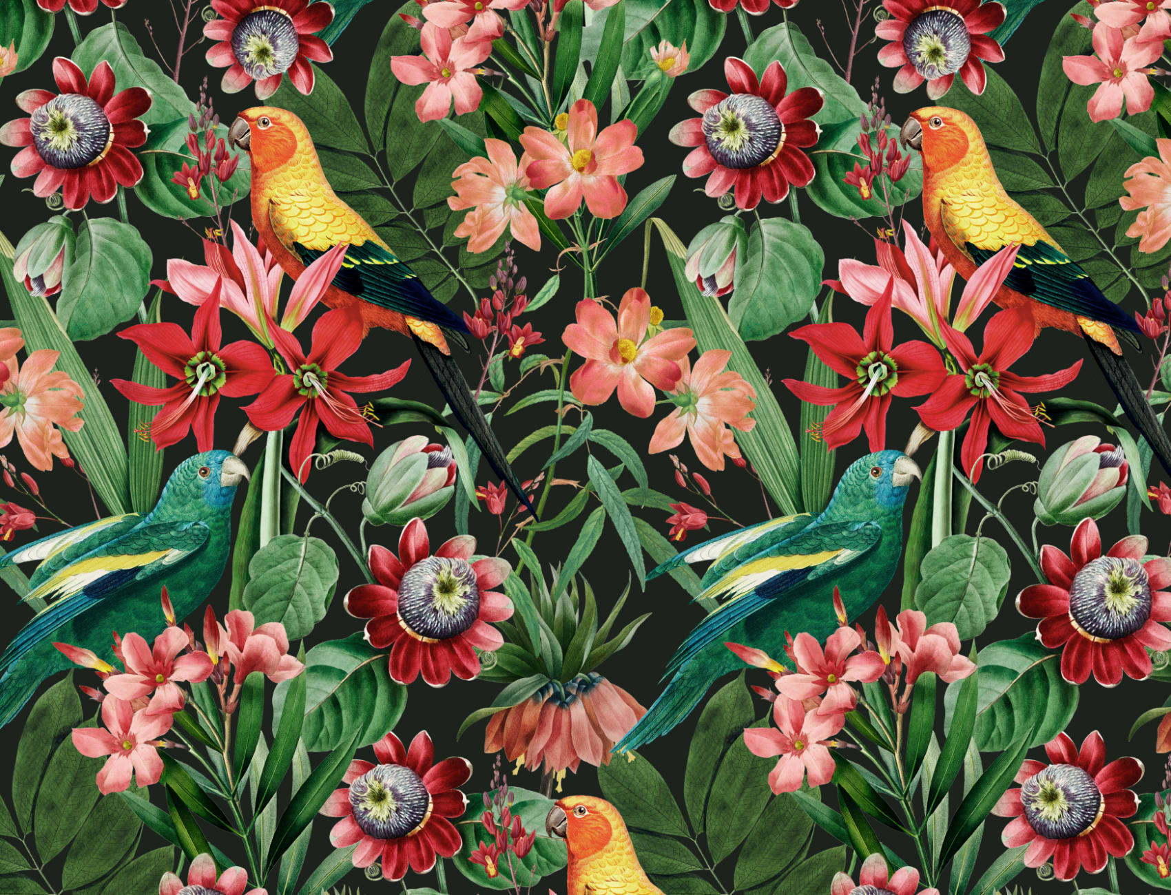 Multicolor Tropische Bladeren, Bloemen en Papegaaien Behang