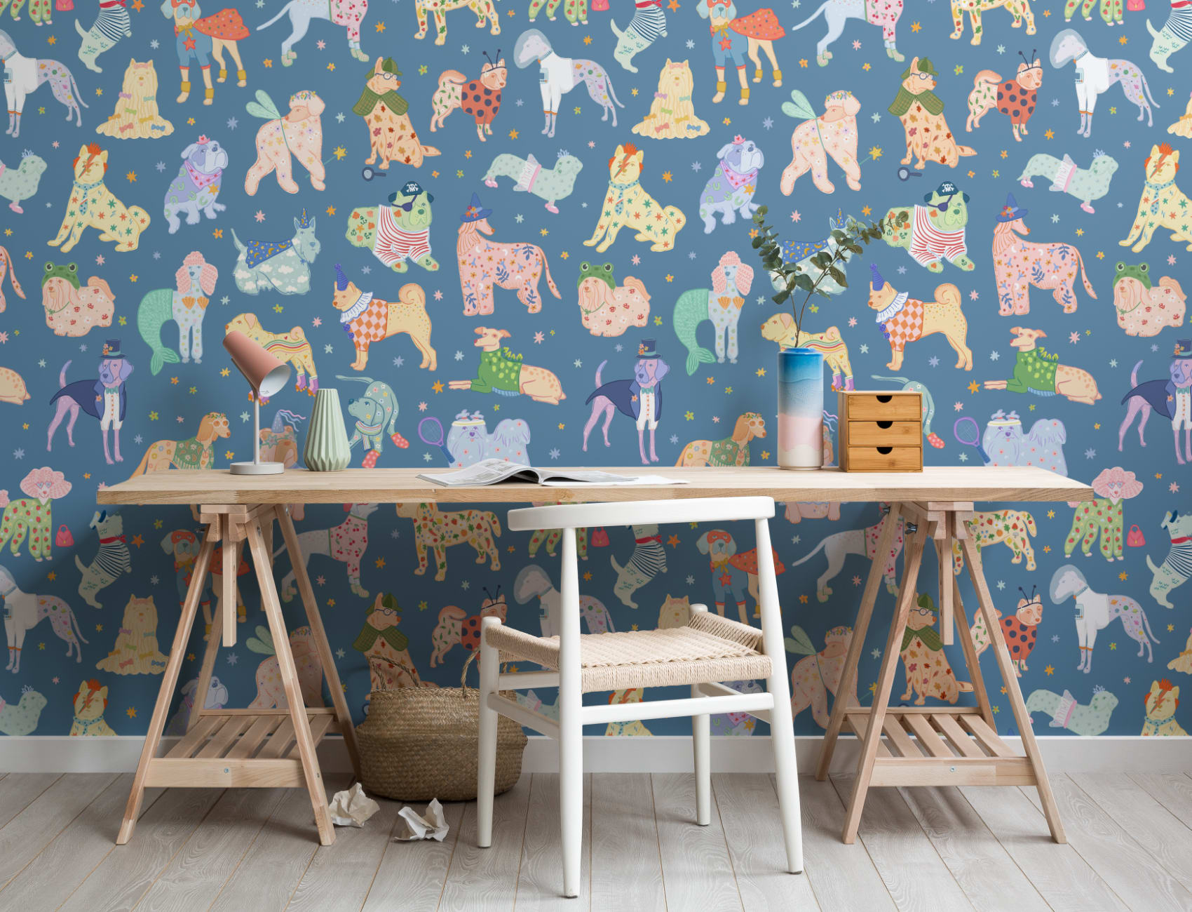 Mural dos cães azuis com fatos