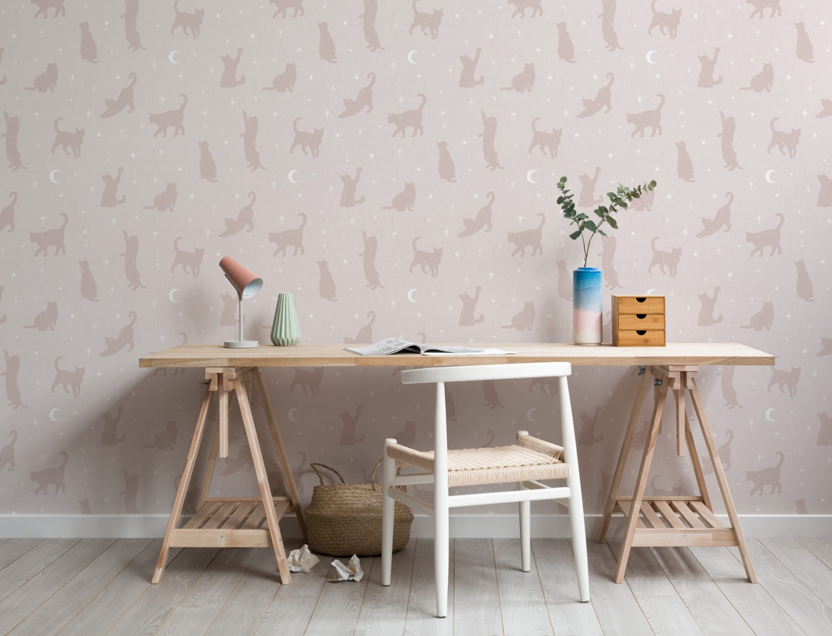 Pink Cat Moon & Stars Pattern Mural