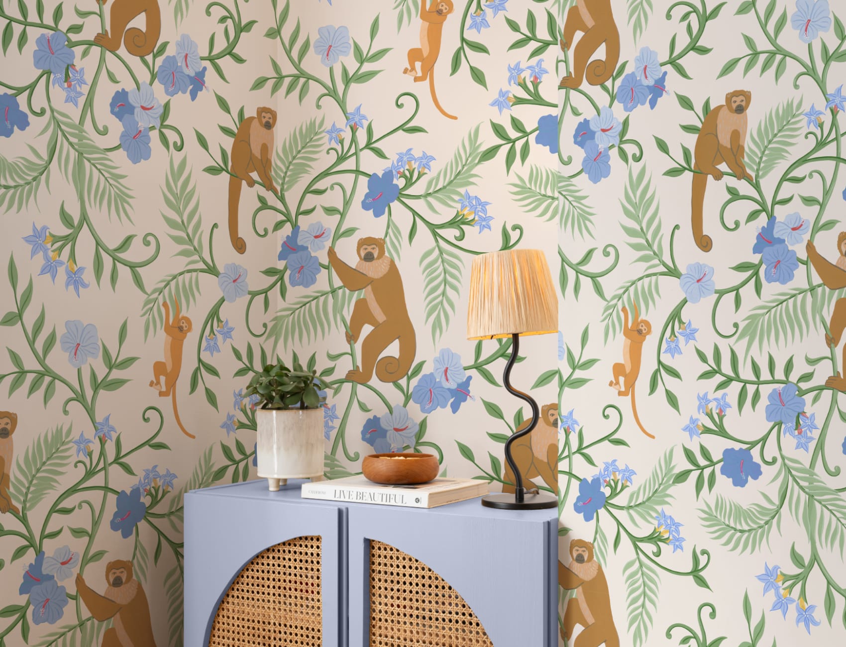 Beige Macaque Monkey Tropical Mural