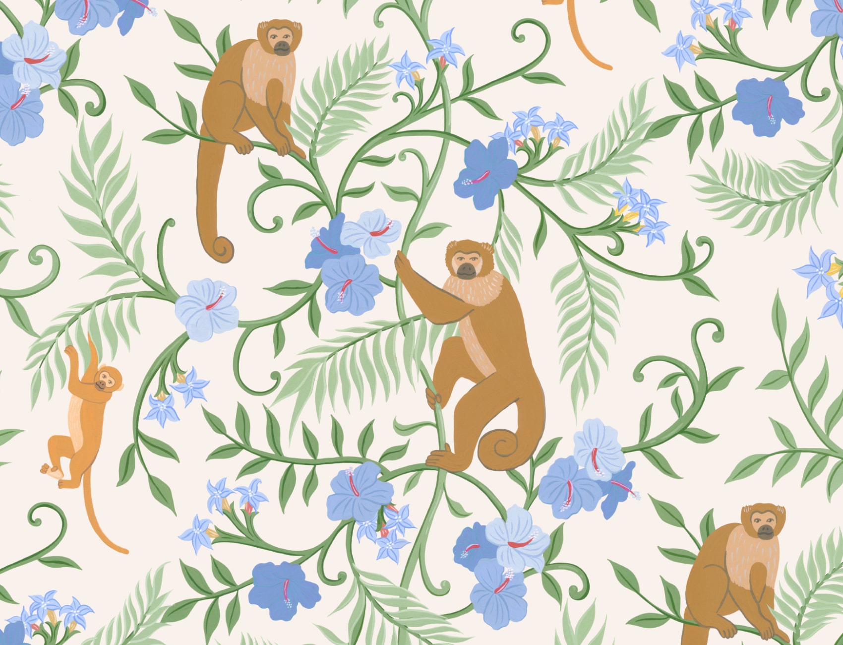 Beige Macaque Monkey Tropical Mural