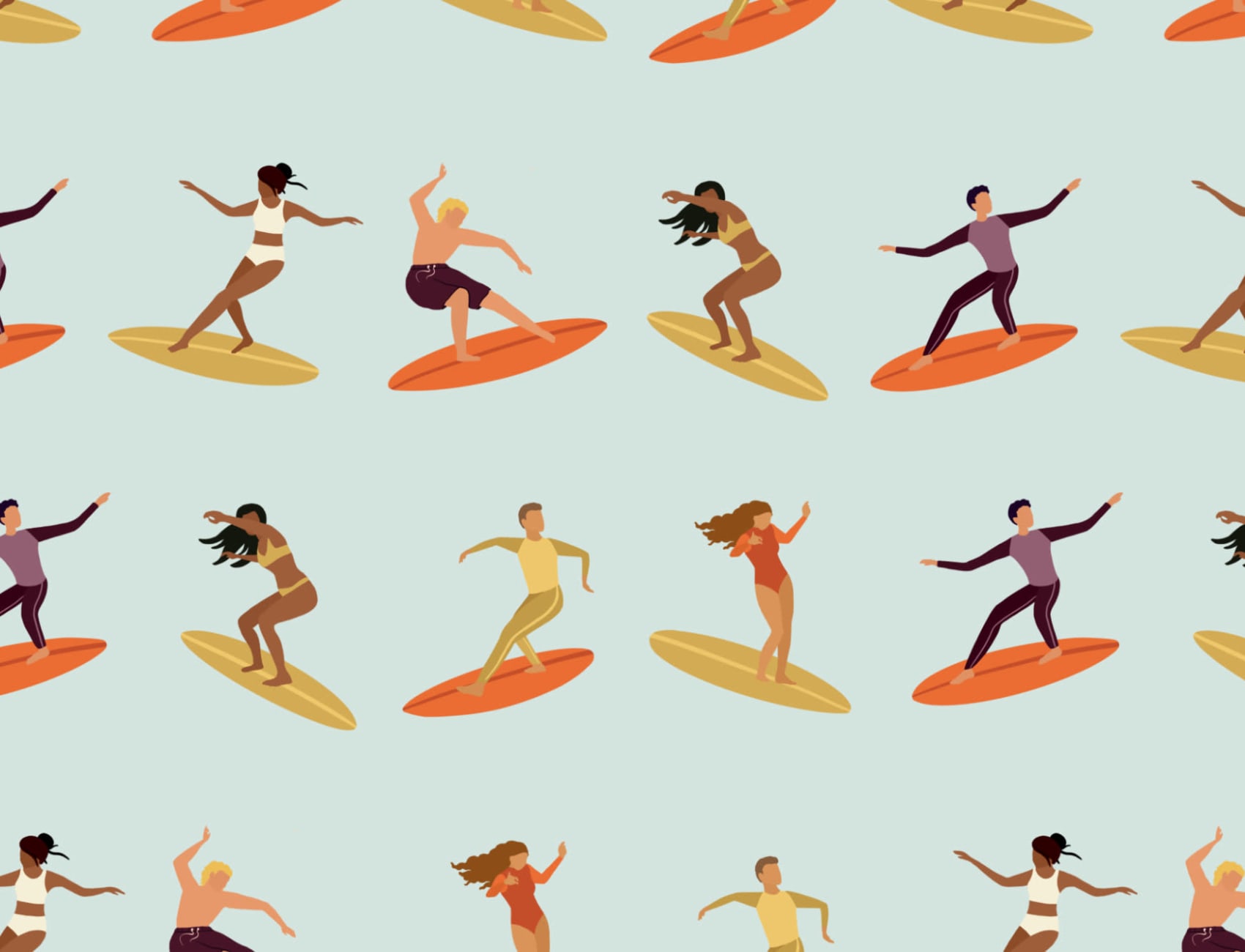 Carta da Parati Colorata Retrò con Motivo di Surfisti