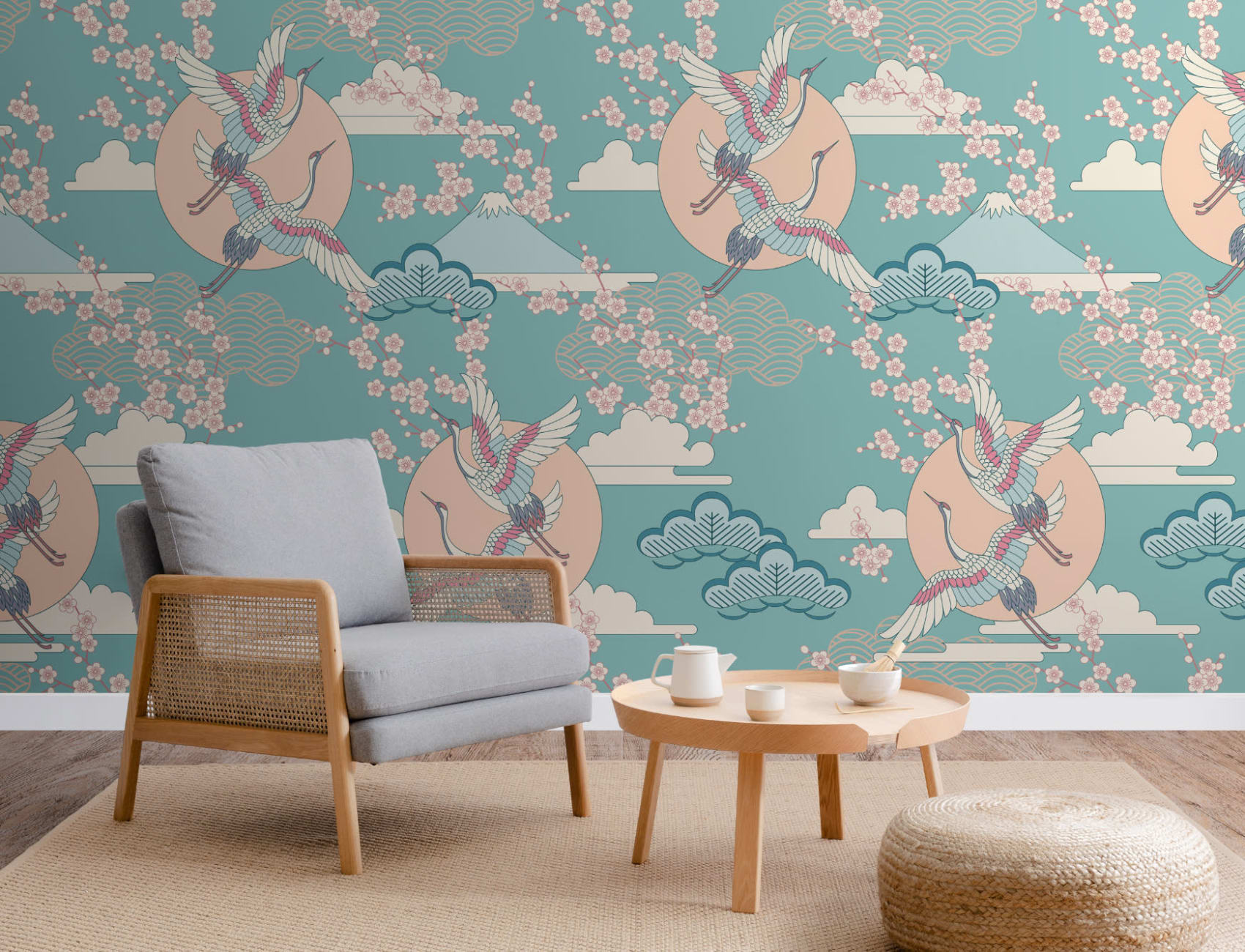 Green & Pink Oriental Sky Wallpaper Mural