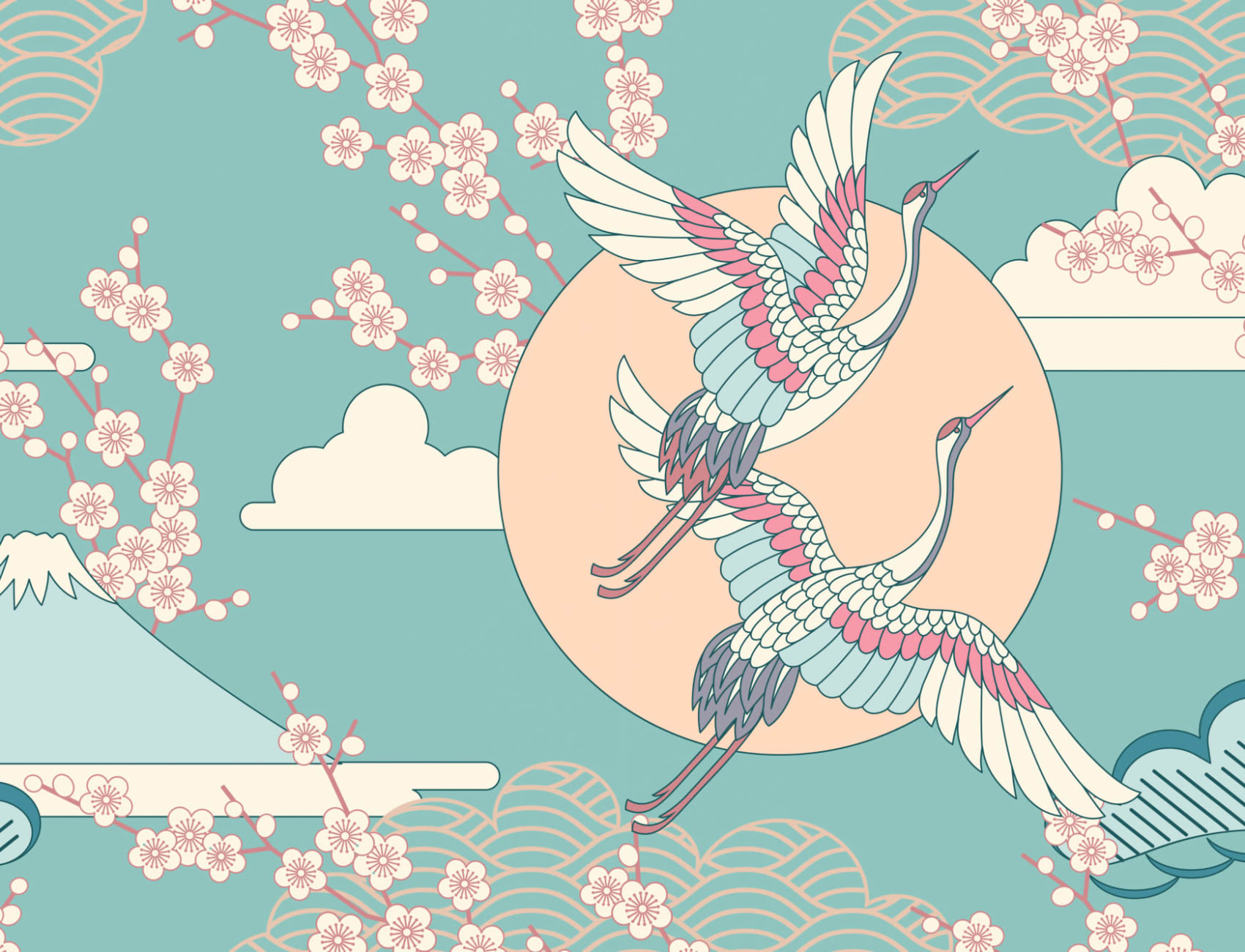 Green & Pink Oriental Sky Wallpaper Mural