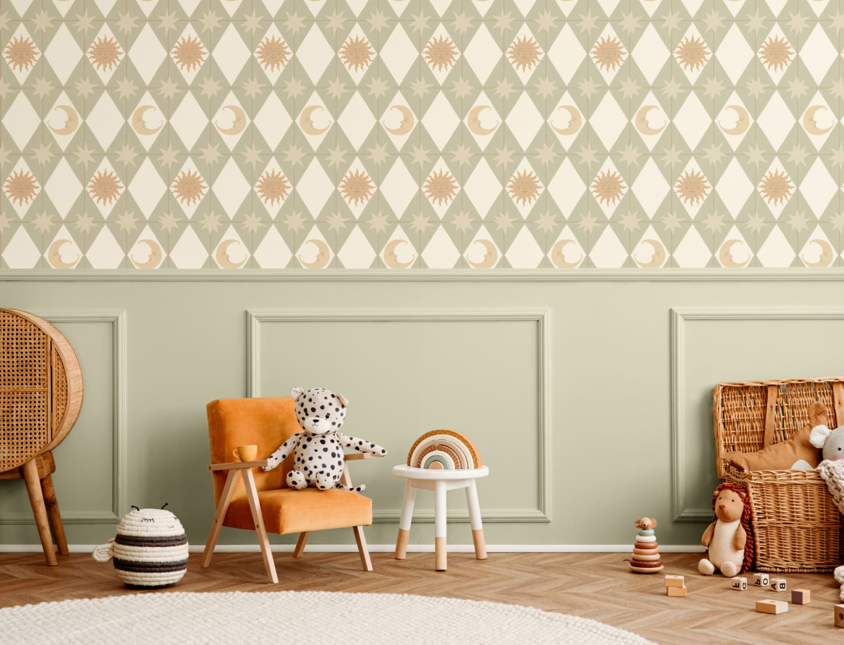Green Geometric Pattern Mural For Retro Vibe Spaces