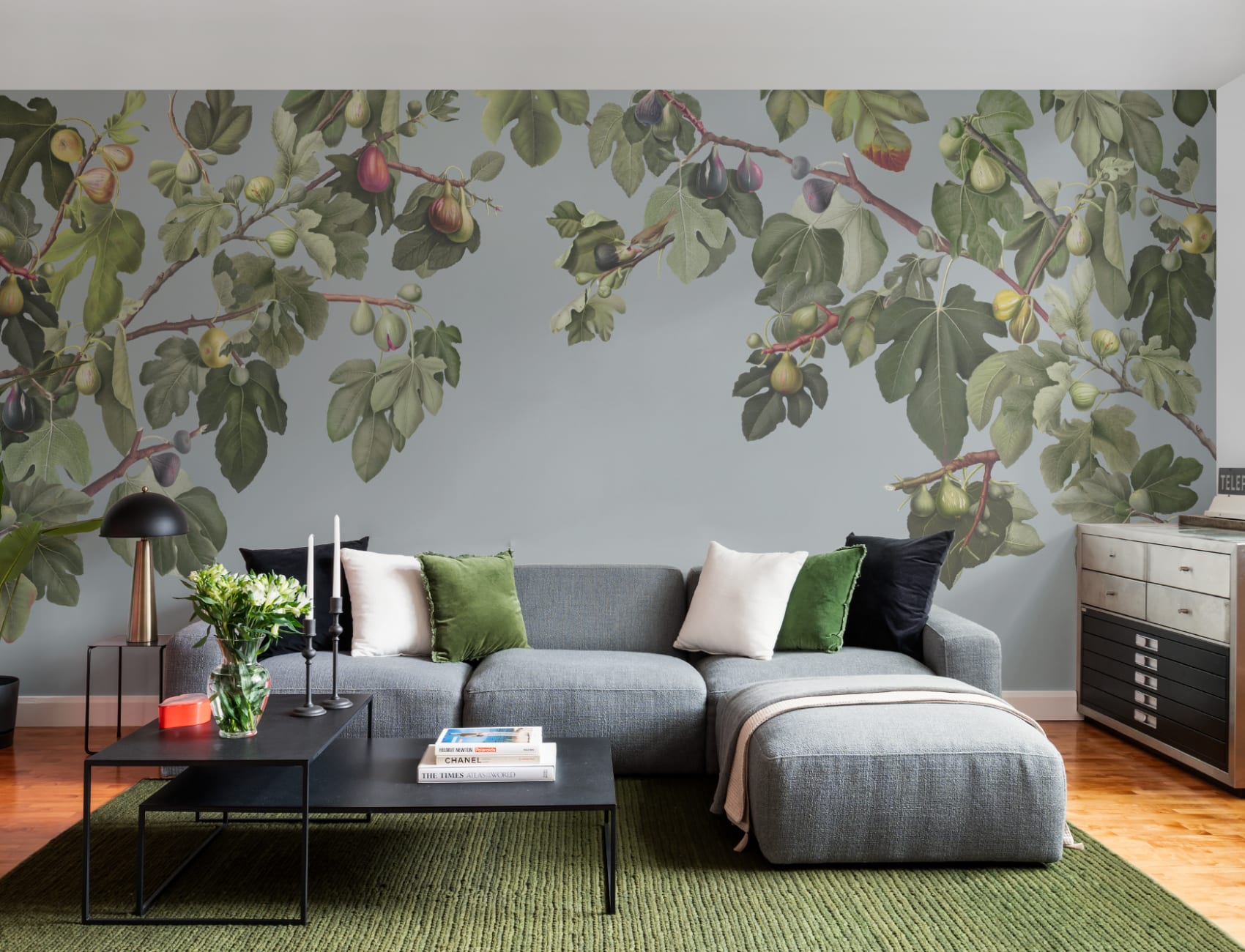 Vintage Fig Plant Botanical Illustration Wall Mural on Blue Background