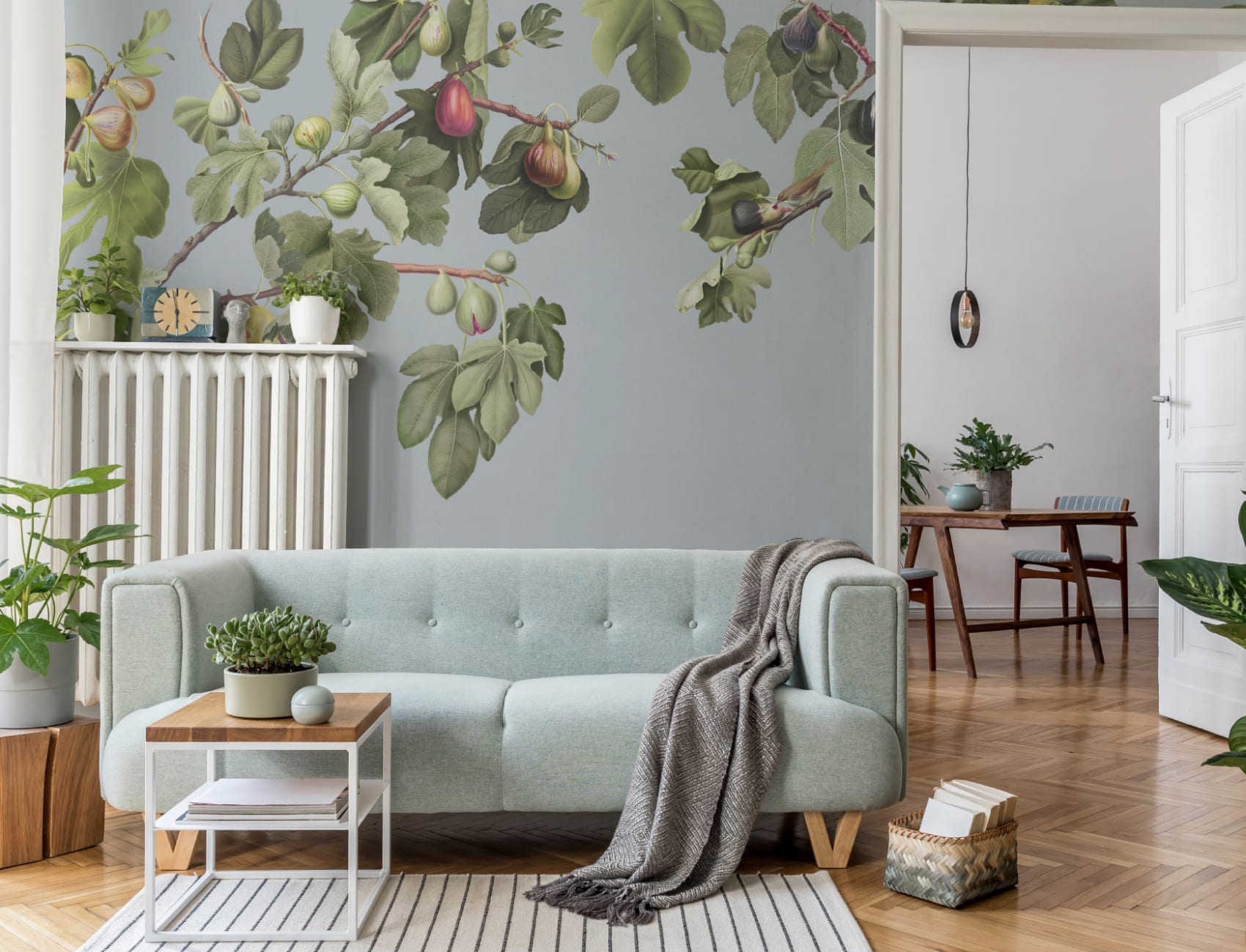 Vintage Fig Plant Botanical Illustration Wall Mural on Blue Background