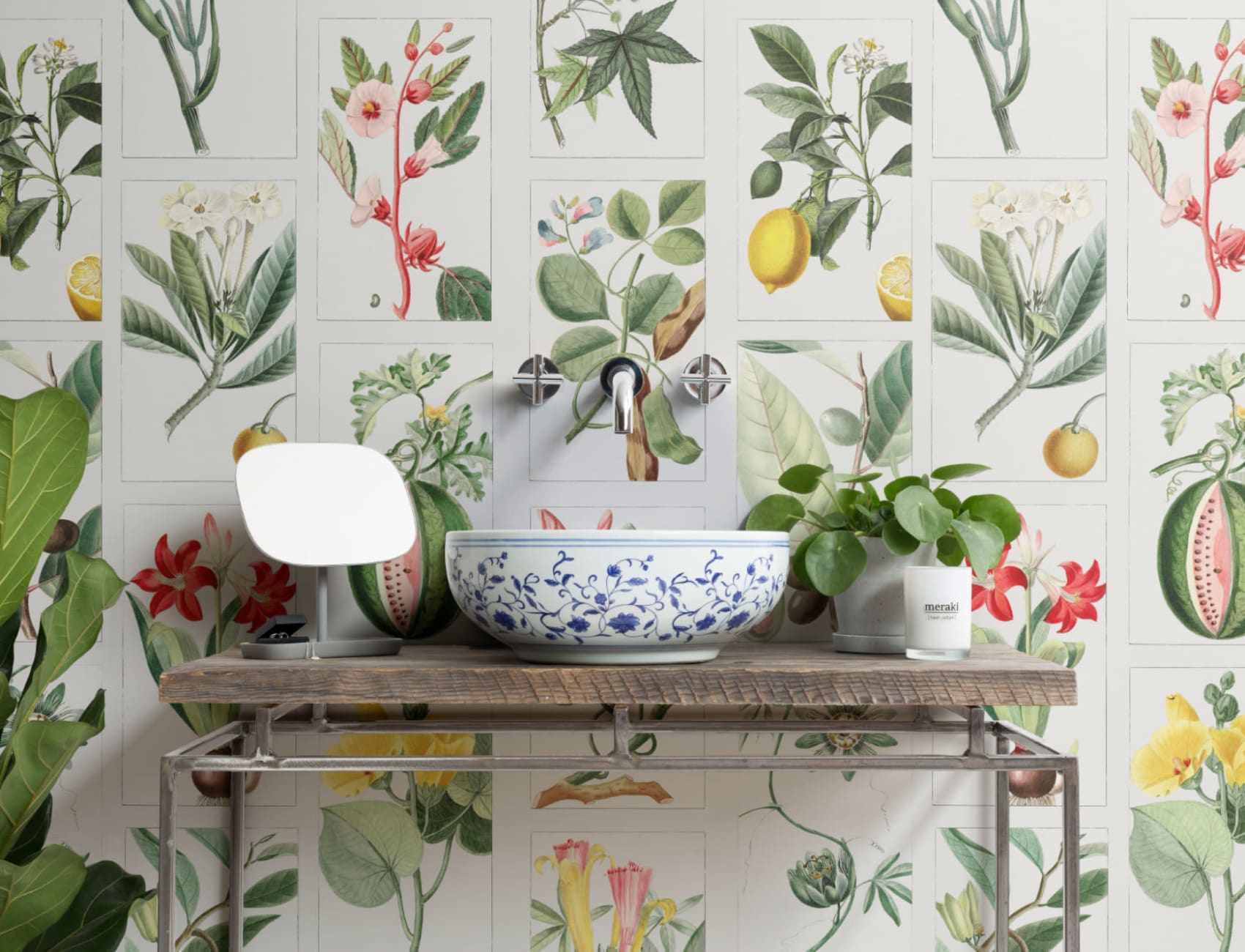 Botanical Fruits and Flowers Tile Pattern Wall Mural