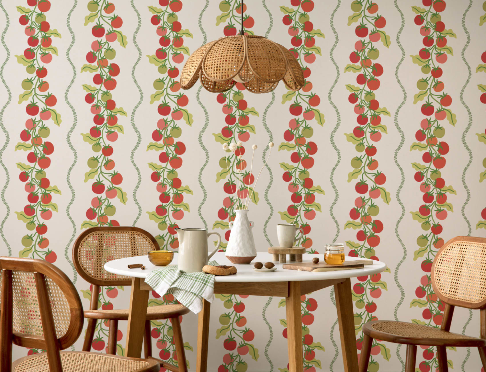 Beige Vine Tomato Botanisk randig mural-tapeter