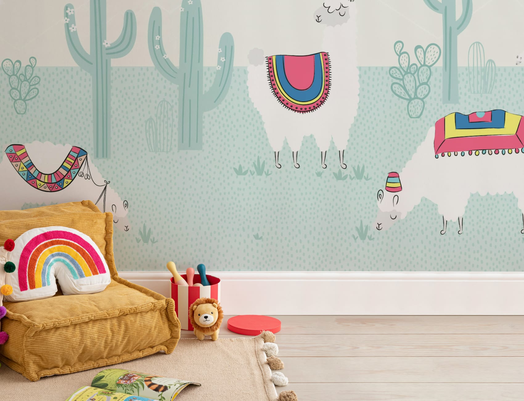 Cool Blue Exotic Llama Cactus Wallpaper Mural
