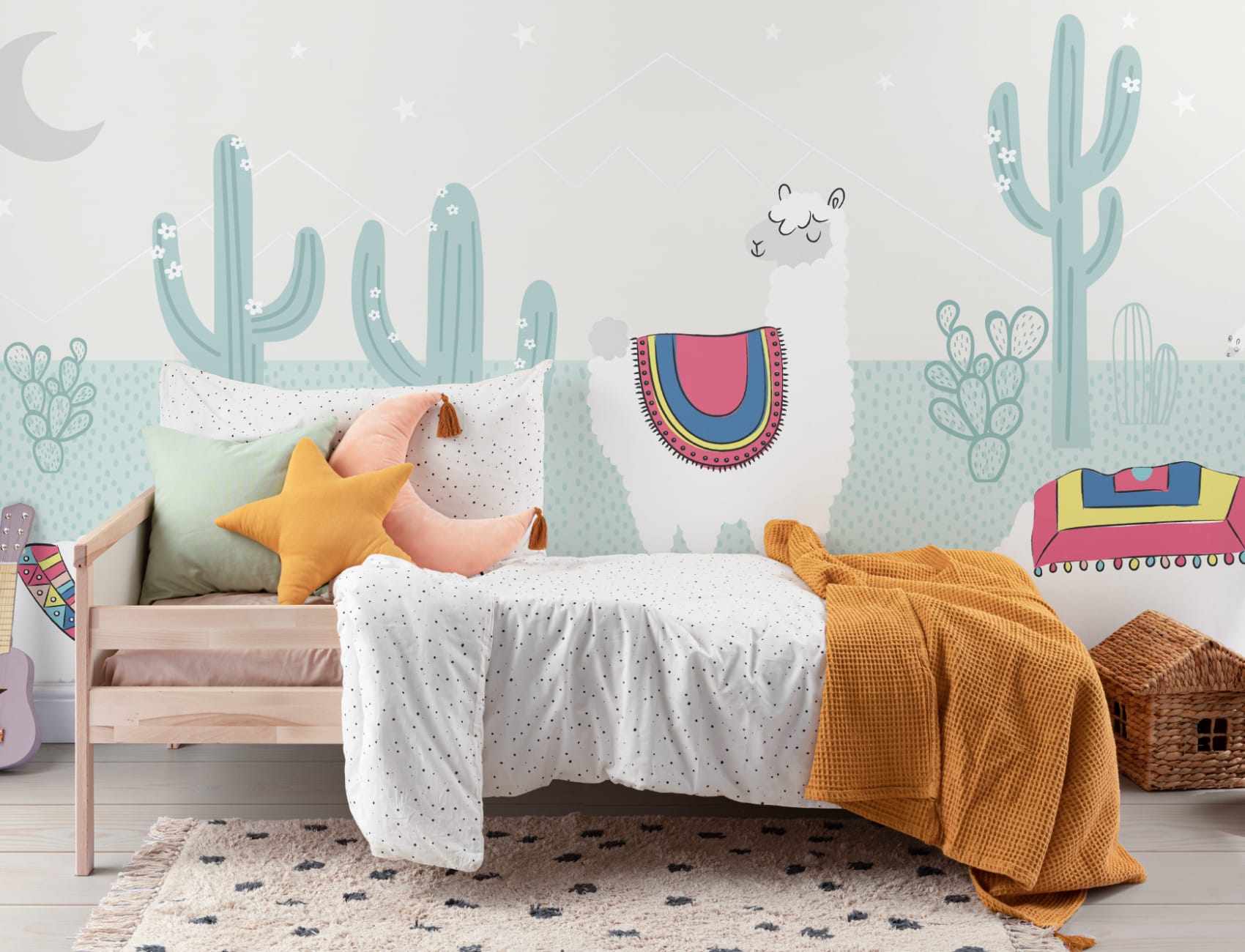 Cool Blue Exotic Llama Cactus Wallpaper Mural