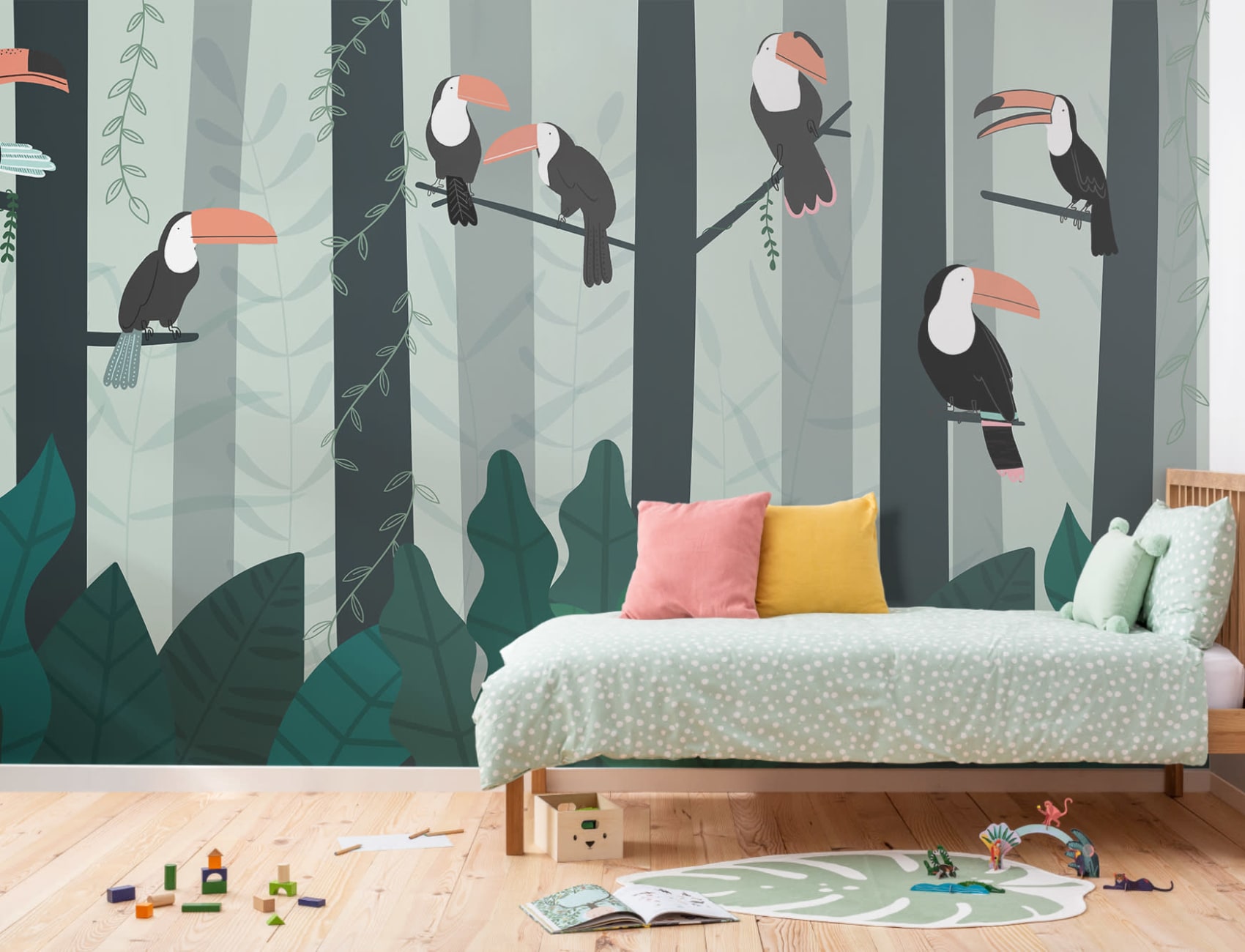 Illustrerad Toucan Rainforest Canopy Wallpaper fototapet