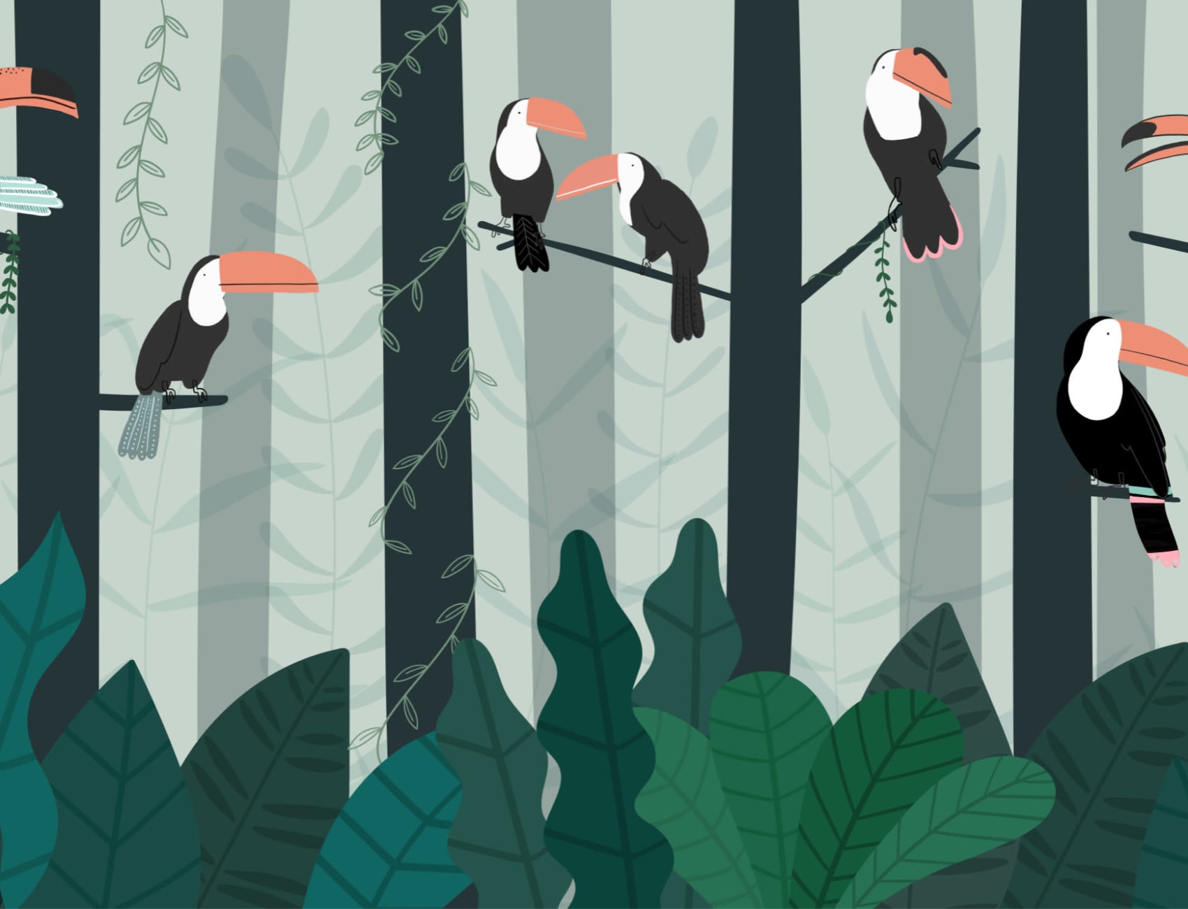Illustrerad Toucan Rainforest Canopy Wallpaper fototapet