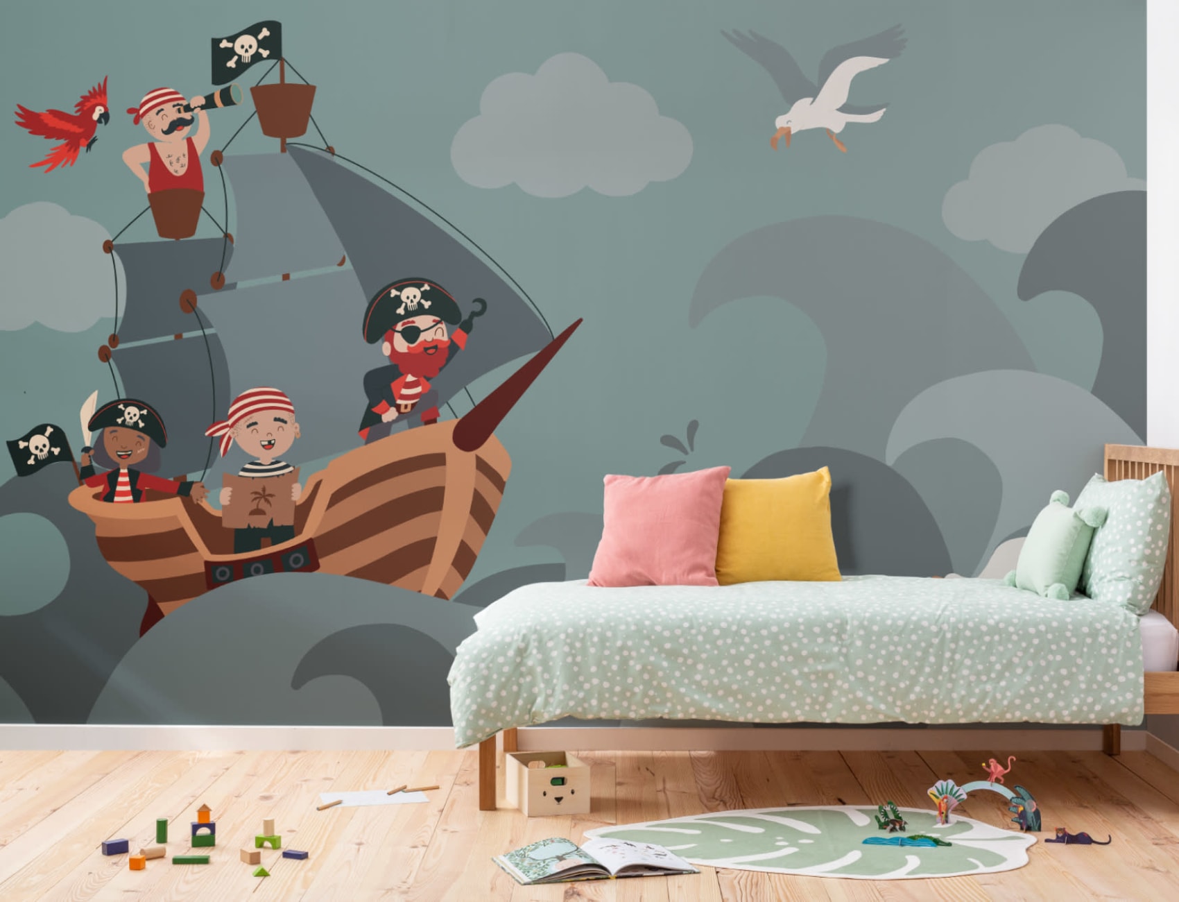 Mural Papel Pintado Infantil Ilustrado con Barco y Tripulación Pirata