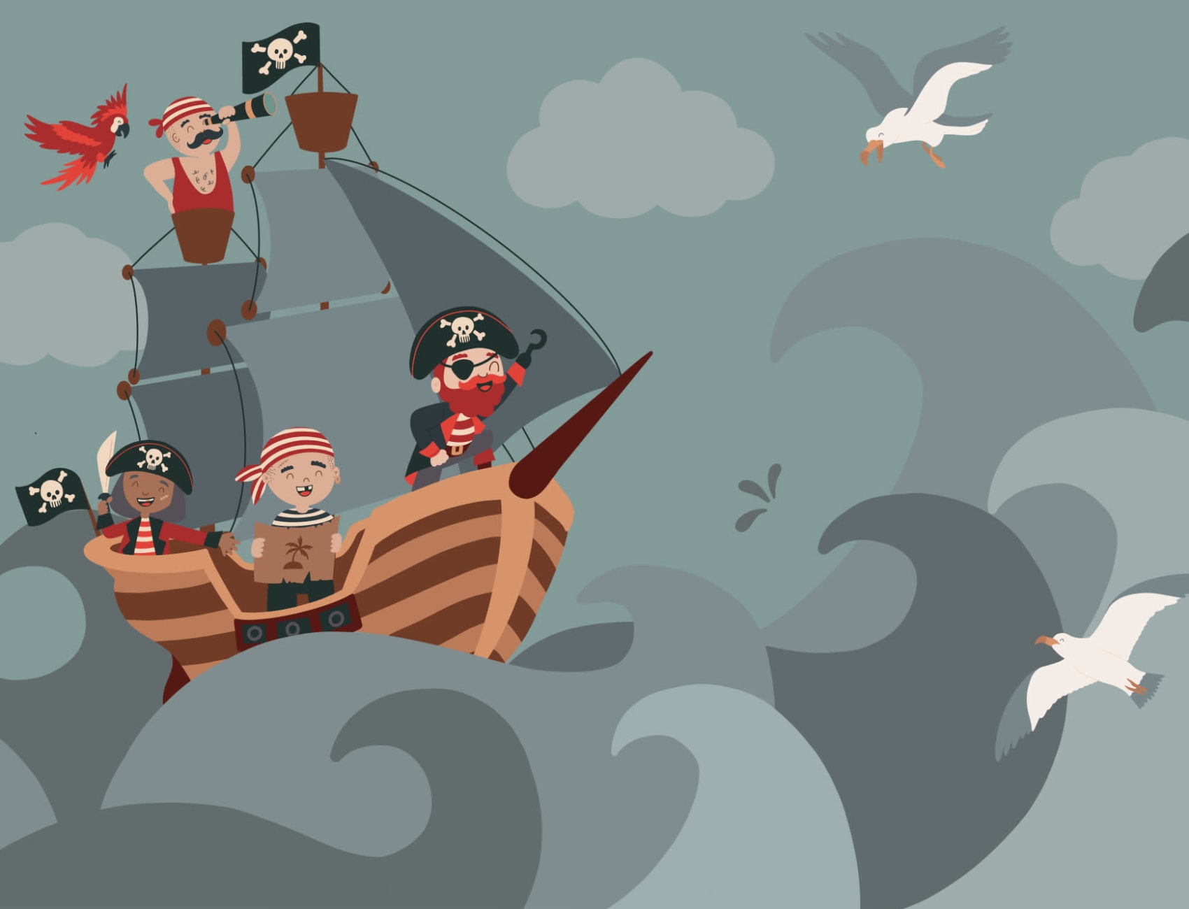 Mural Papel Pintado Infantil Ilustrado con Barco y Tripulación Pirata